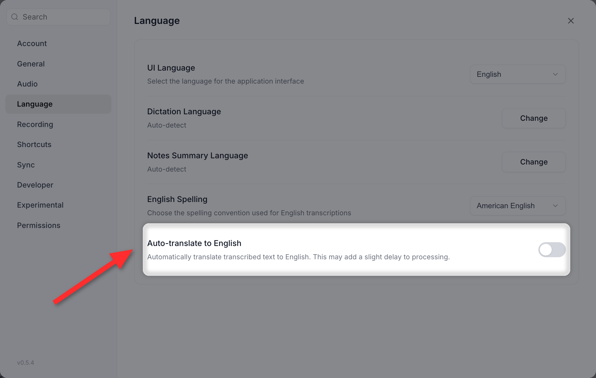 The Language section of Vowen Settings with the Auto-translate to English row highlighted, its description reading only that transcribed text is automatically translated to English and that it may add a slight delay