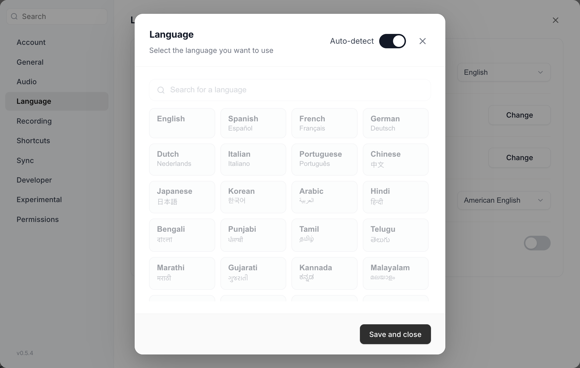 The dictation language picker showing a searchable grid of languages with their native names, and an Auto-detect toggle