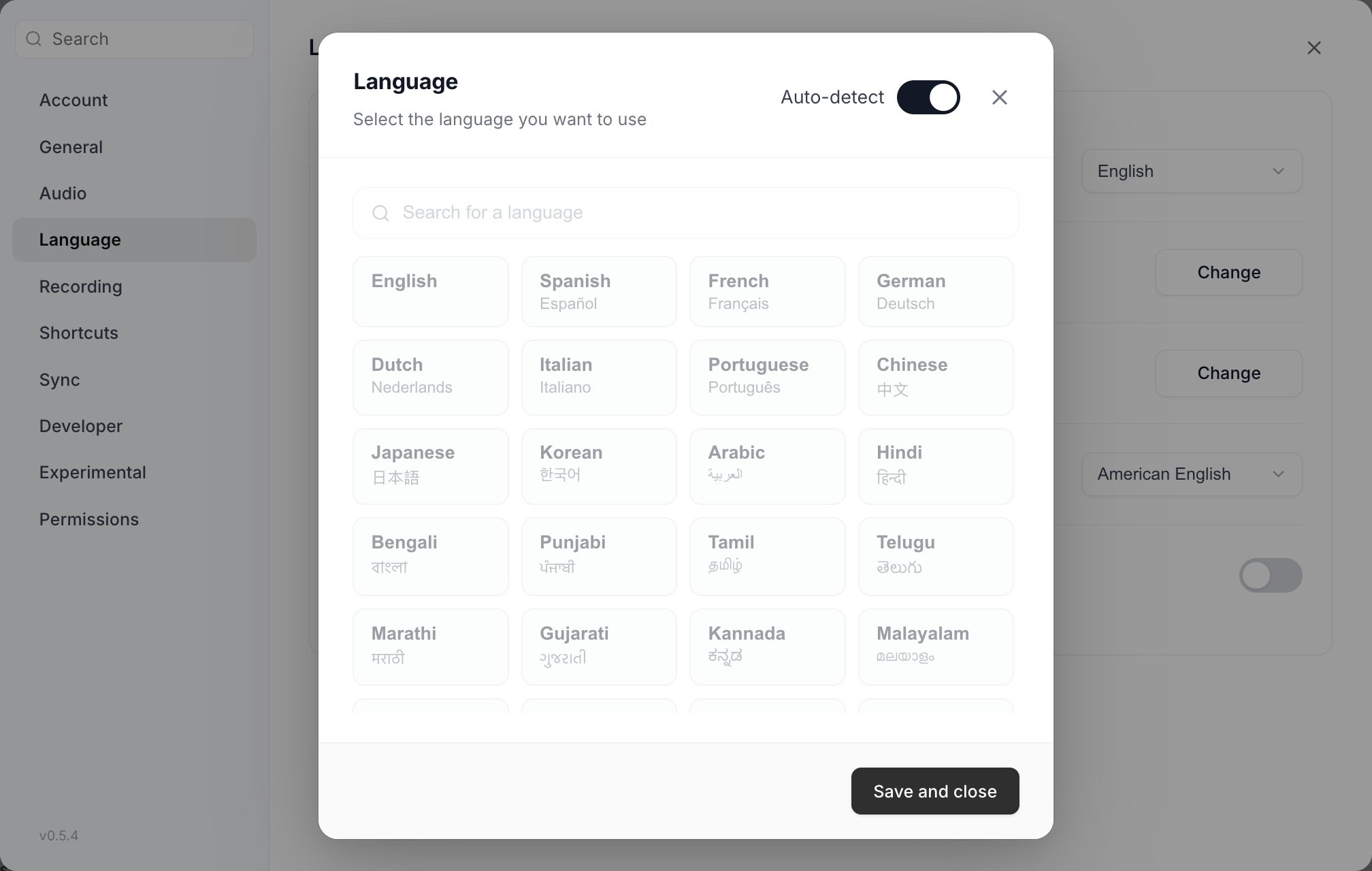 The dictation language picker showing a searchable grid of languages with their native names, and an Auto-detect toggle