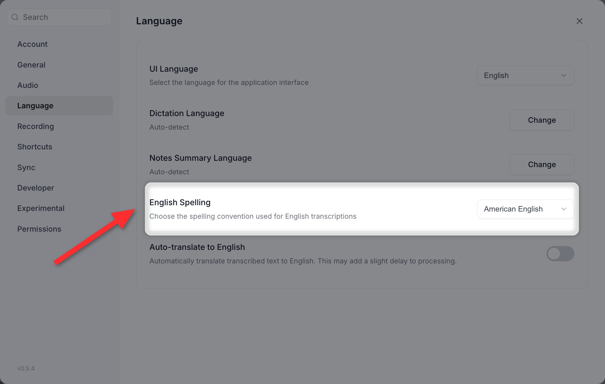 Settings > Language with the English Spelling row highlighted, its dropdown set to American English