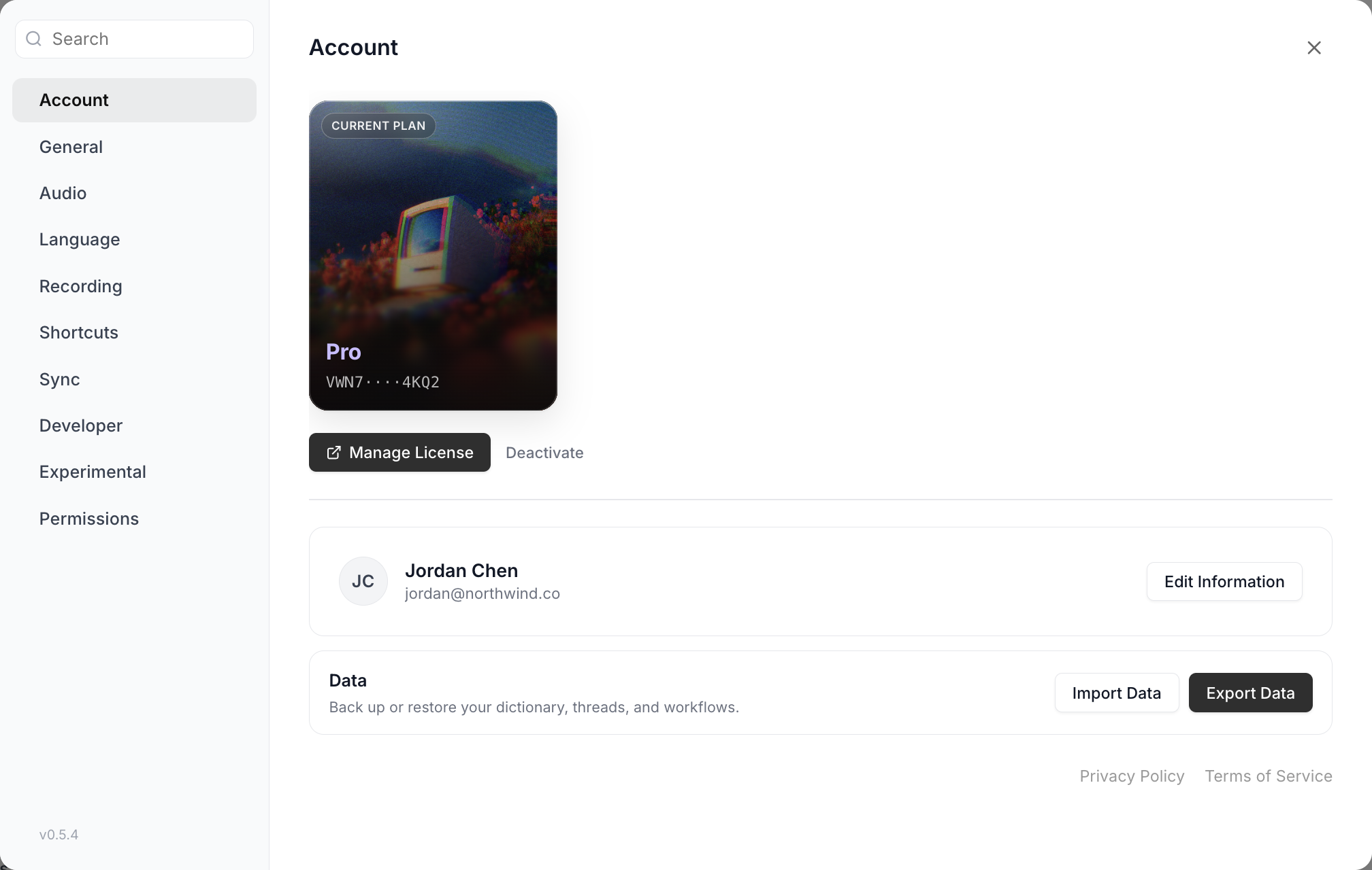 The Vowen Settings modal showing a sidebar of ten sections — Account, General, Audio, Language, Recording, Shortcuts, Sync, Developer, Experimental, Permissions — a search field above them, and the Account section open on the right
