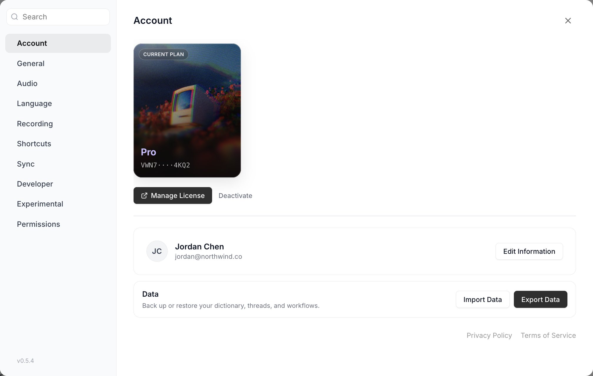 The Vowen Settings modal showing a sidebar of ten sections — Account, General, Audio, Language, Recording, Shortcuts, Sync, Developer, Experimental, Permissions — a search field above them, and the Account section open on the right
