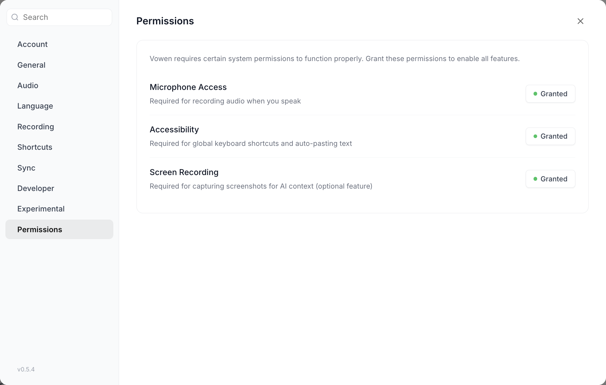 The Permissions section of Vowen Settings, listing Microphone Access, Accessibility and Screen Recording, each with a green Granted badge on the right