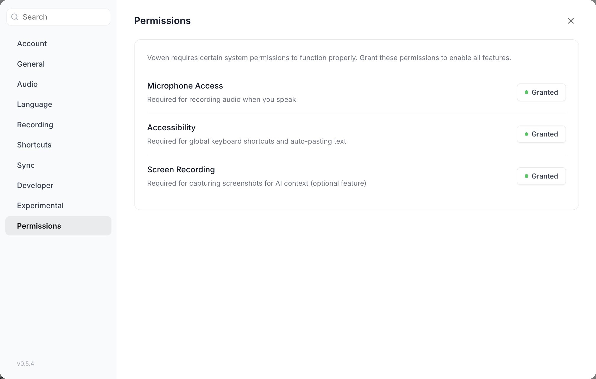 The Permissions section of Vowen Settings, listing Microphone Access, Accessibility and Screen Recording, each with a green Granted badge on the right