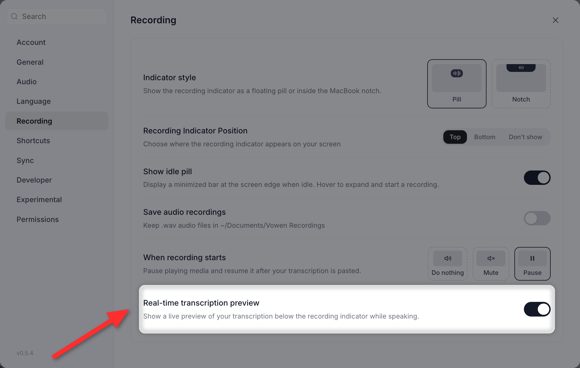 The Real-time transcription preview row in Settings > Recording, blurred because the active model cannot stream