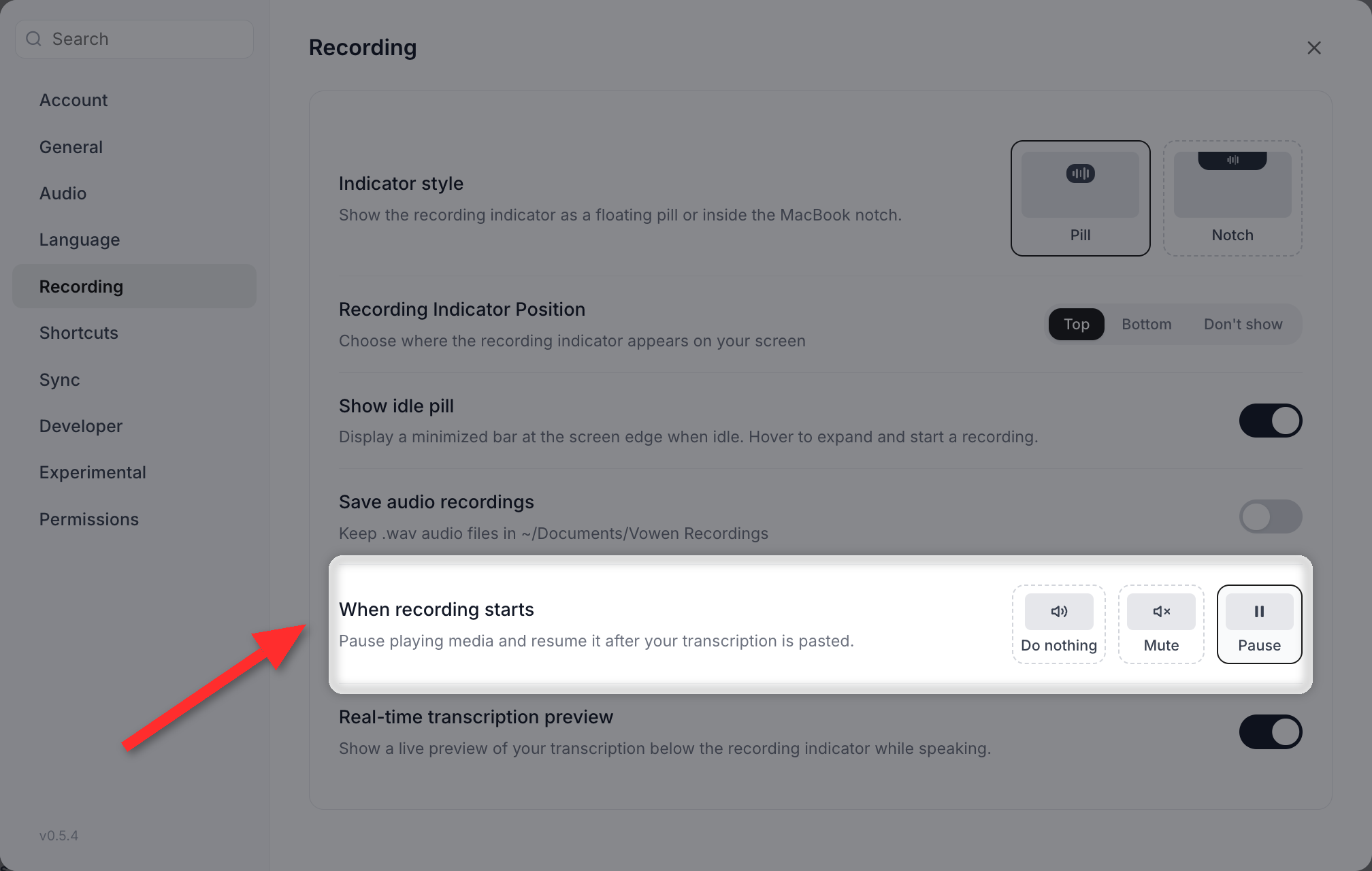 The When recording starts setting showing three picture cards: Do nothing, Mute and Pause