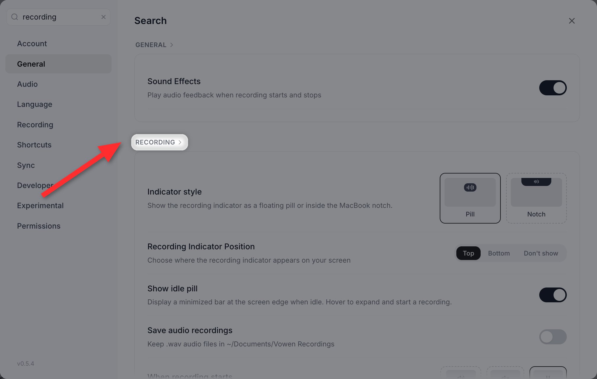Settings search results for the query recording, with a Sound Effects row from General and the full Recording section below it; an arrow points at the clickable RECORDING section header