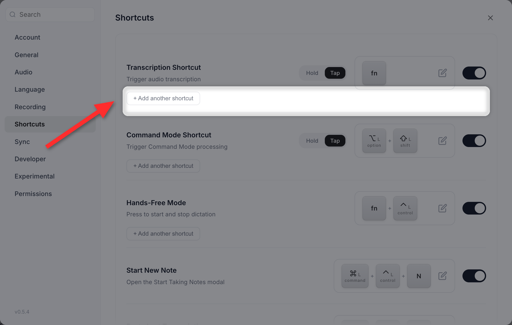 Settings > Shortcuts with the Add another shortcut row highlighted under the Transcription Shortcut