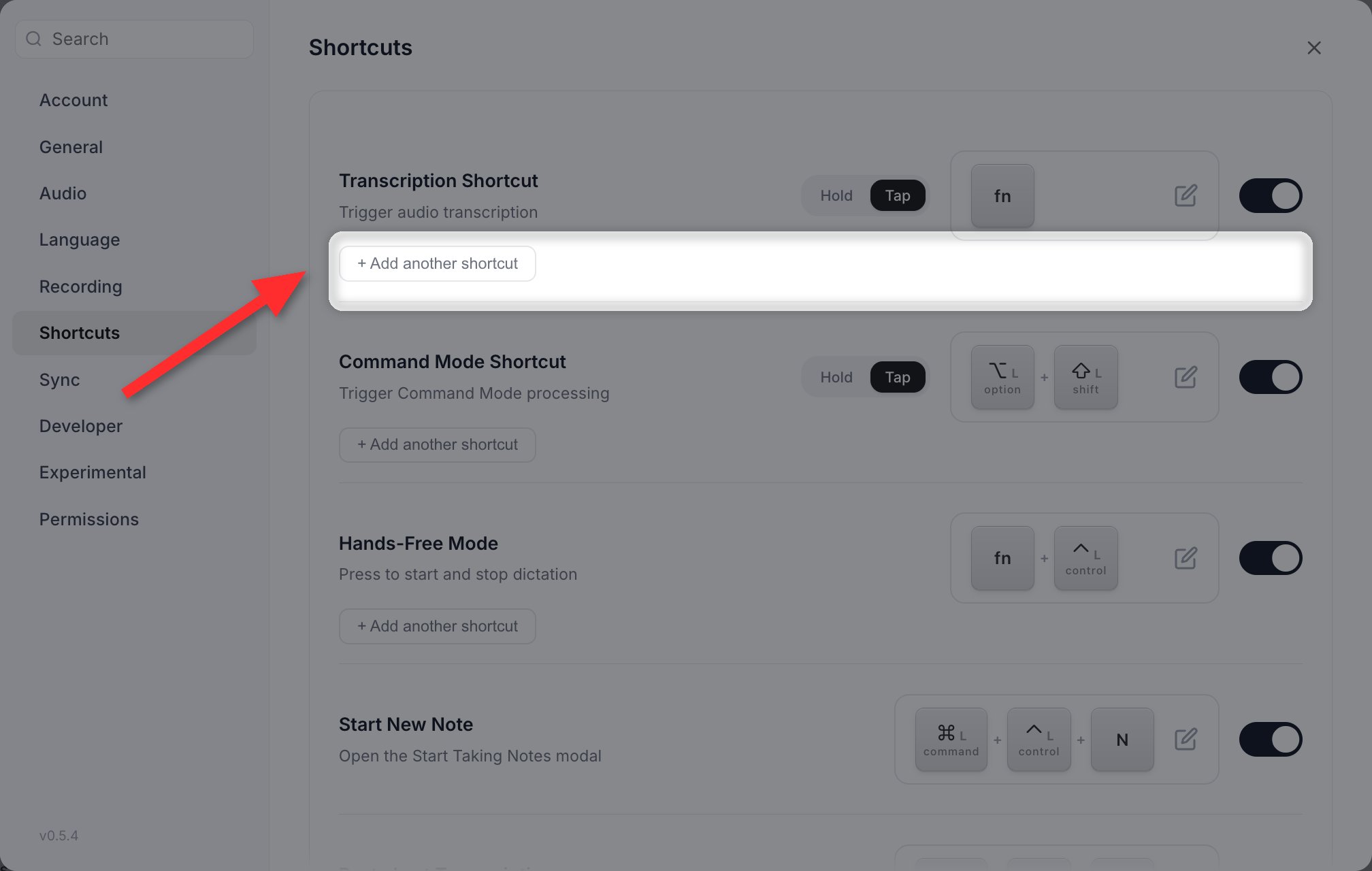 Settings > Shortcuts with the Add another shortcut row highlighted under the Transcription Shortcut