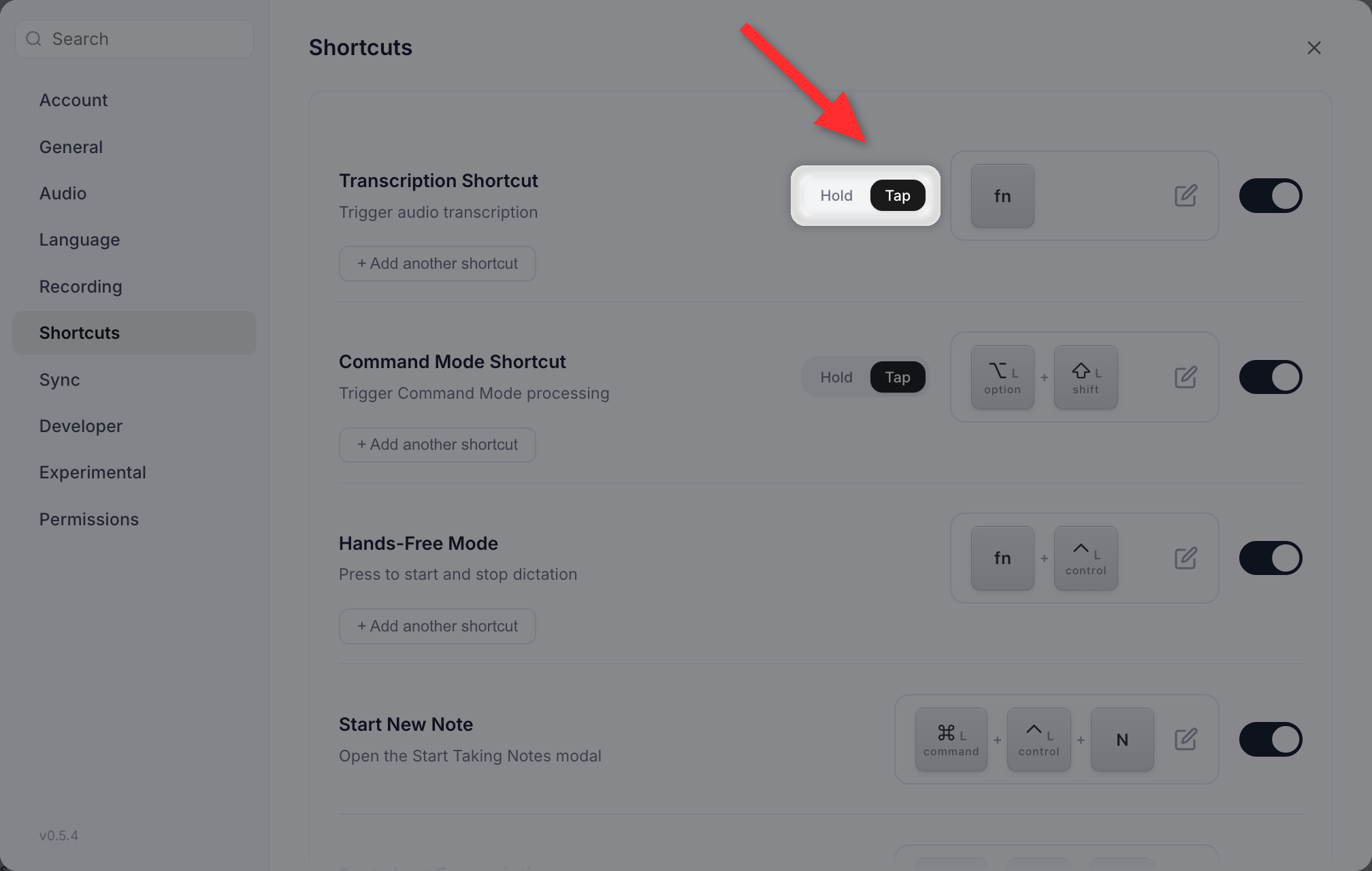 Settings > Shortcuts with the Hold and Tap pill on the Transcription Shortcut row highlighted