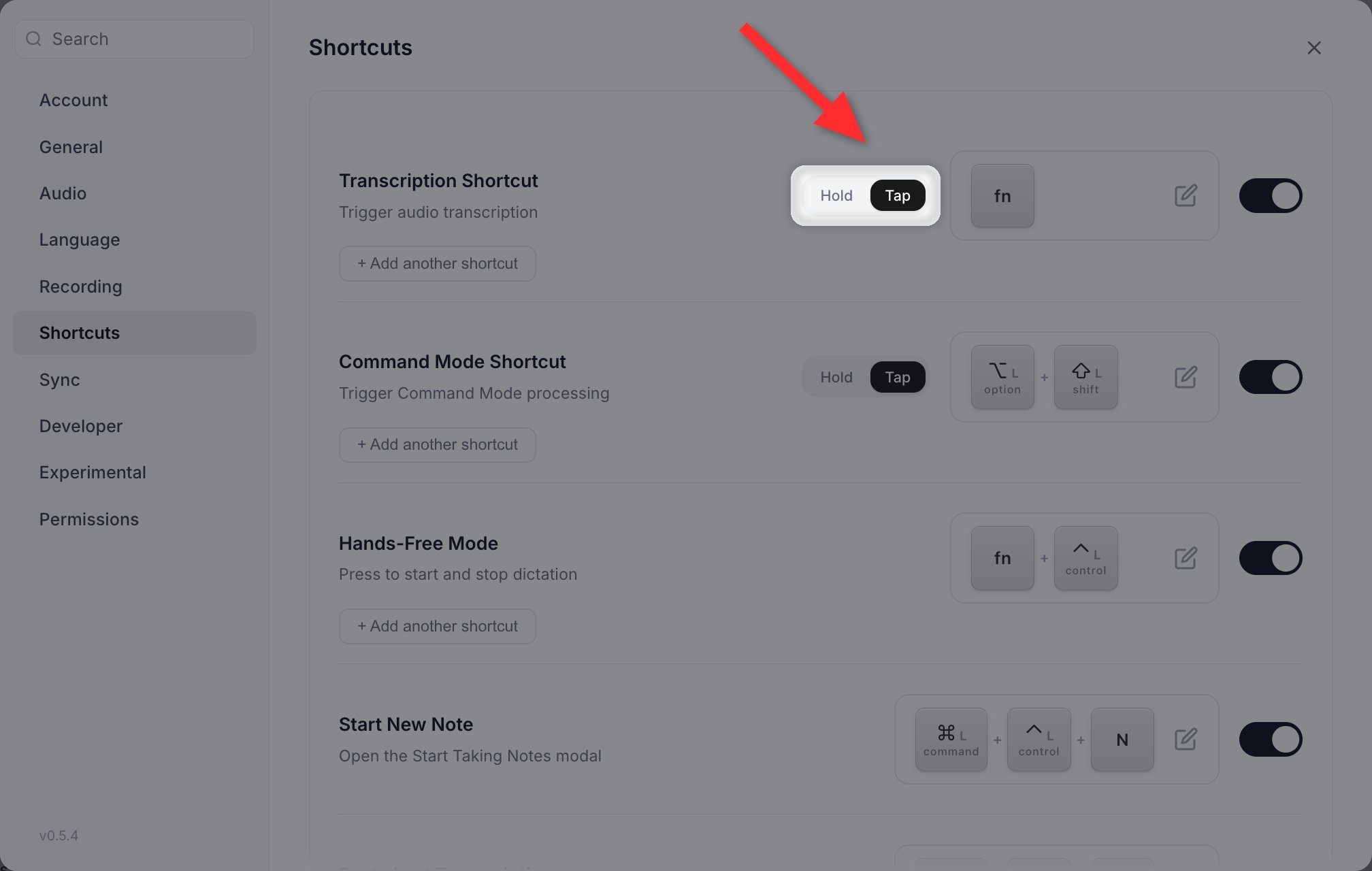Settings > Shortcuts with the Hold and Tap pill on the Transcription Shortcut row highlighted