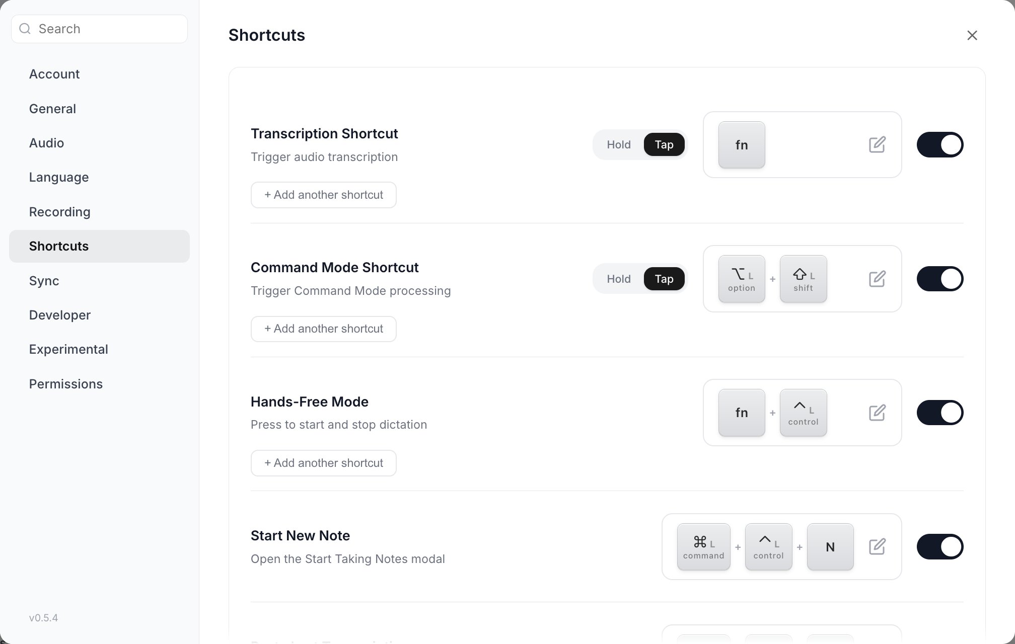 Settings > Shortcuts listing Transcription Shortcut on fn, Command Mode Shortcut on option and shift, Hands-Free Mode on fn and control, and Start New Note