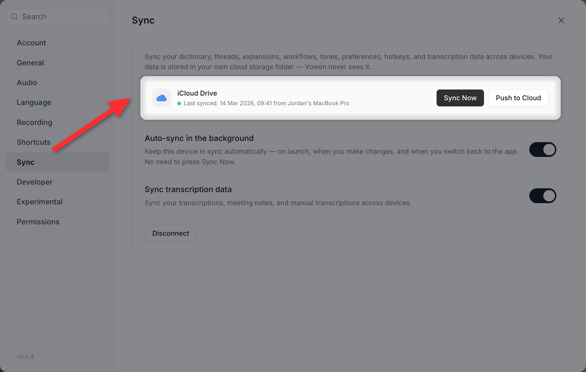 The Sync section of Settings showing a connected provider and the options for what to sync