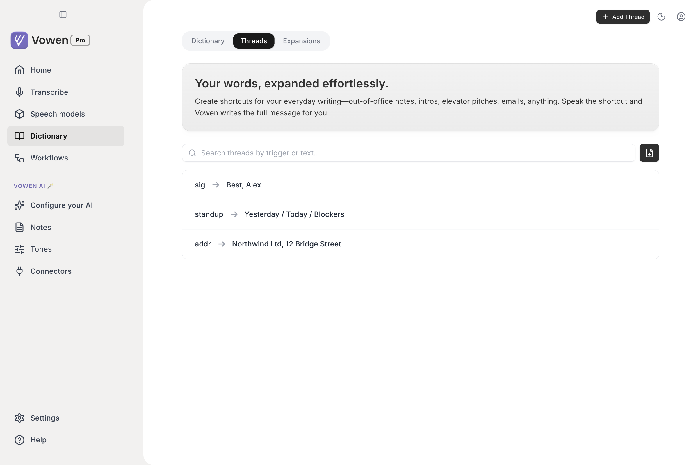 The Threads tab listing triggers such as sig, standup and addr, each with an arrow to the text it expands into