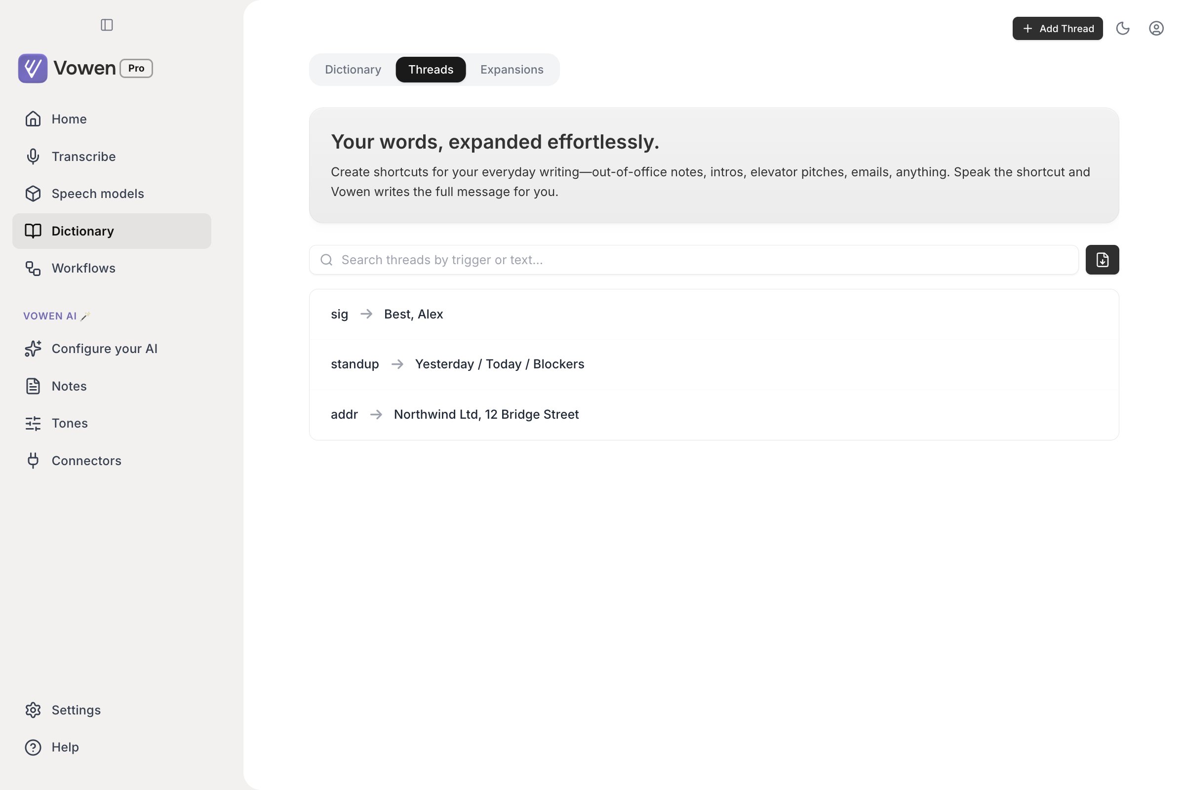 The Threads tab listing triggers such as sig, standup and addr, each with an arrow to the text it expands into