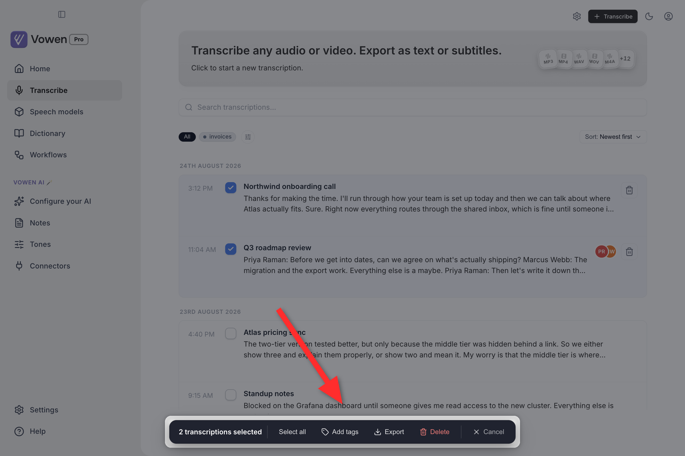 The Transcribe list with two rows ticked and a bulk action bar reading 2 transcriptions selected, with Select all, Add tags, Export, Delete and Cancel