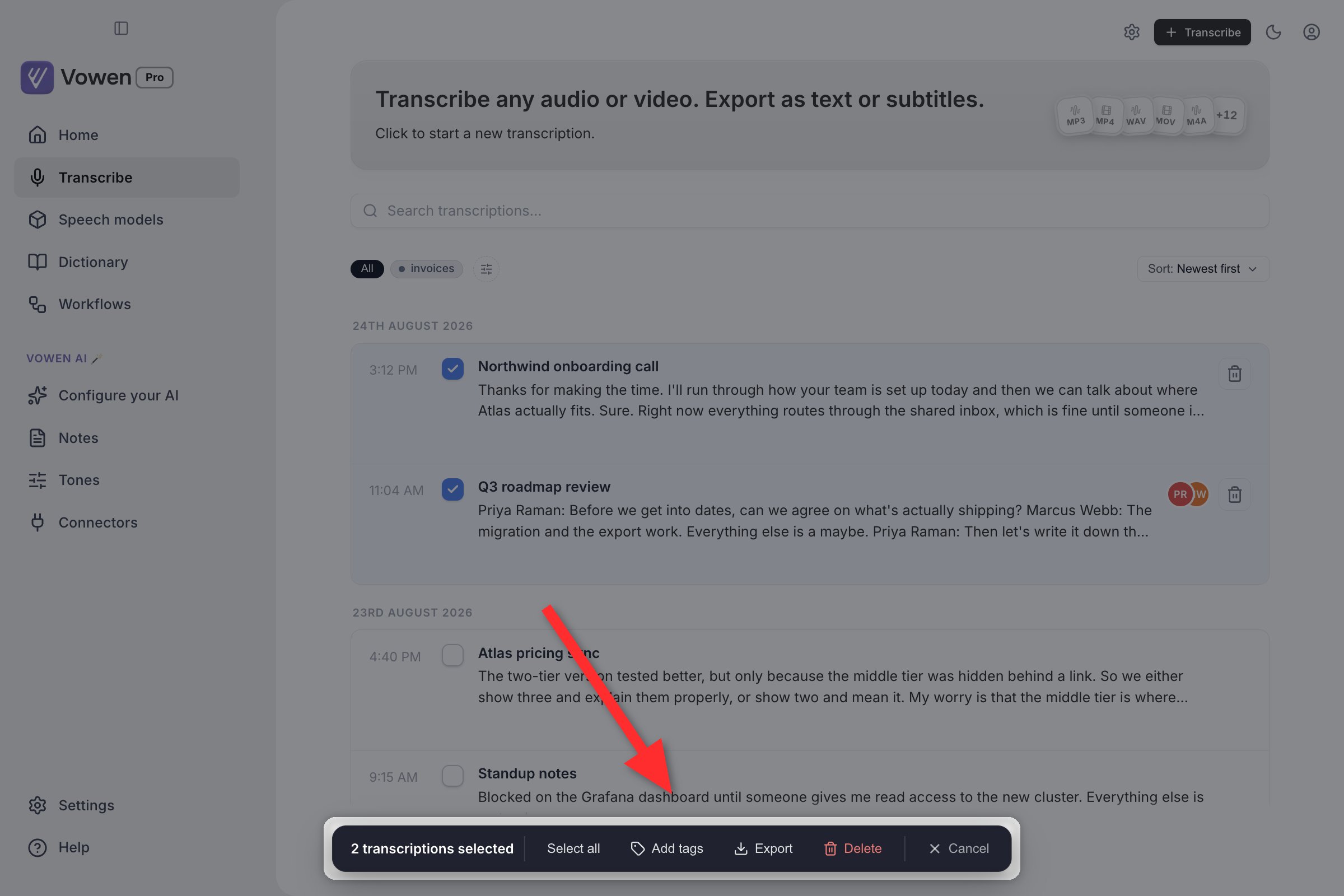 The Transcribe list with two rows ticked and a bulk action bar reading 2 transcriptions selected, with Select all, Add tags, Export, Delete and Cancel