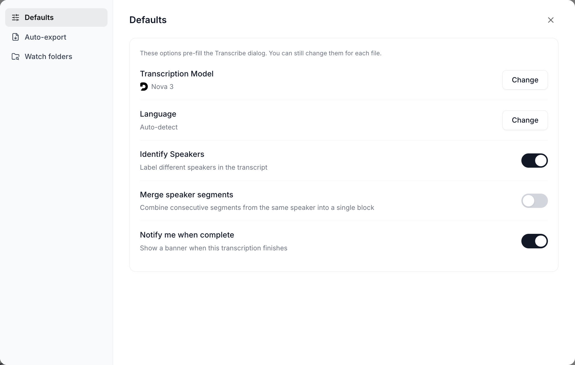 The Transcribe settings modal on the Defaults tab, showing Transcription Model, Language, Identify Speakers, Merge speaker segments and Notify me when complete