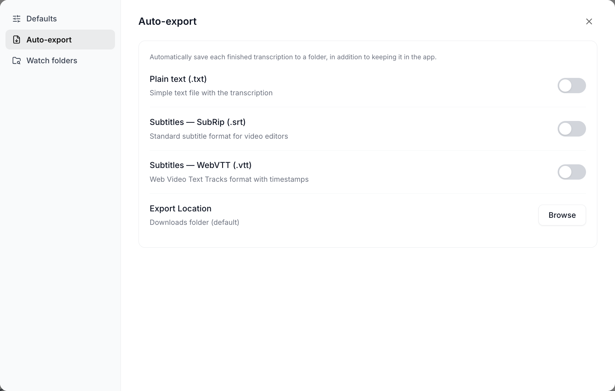 The Transcribe settings modal on the Auto-export tab with toggles for Plain text, SubRip and WebVTT, and an Export Location row