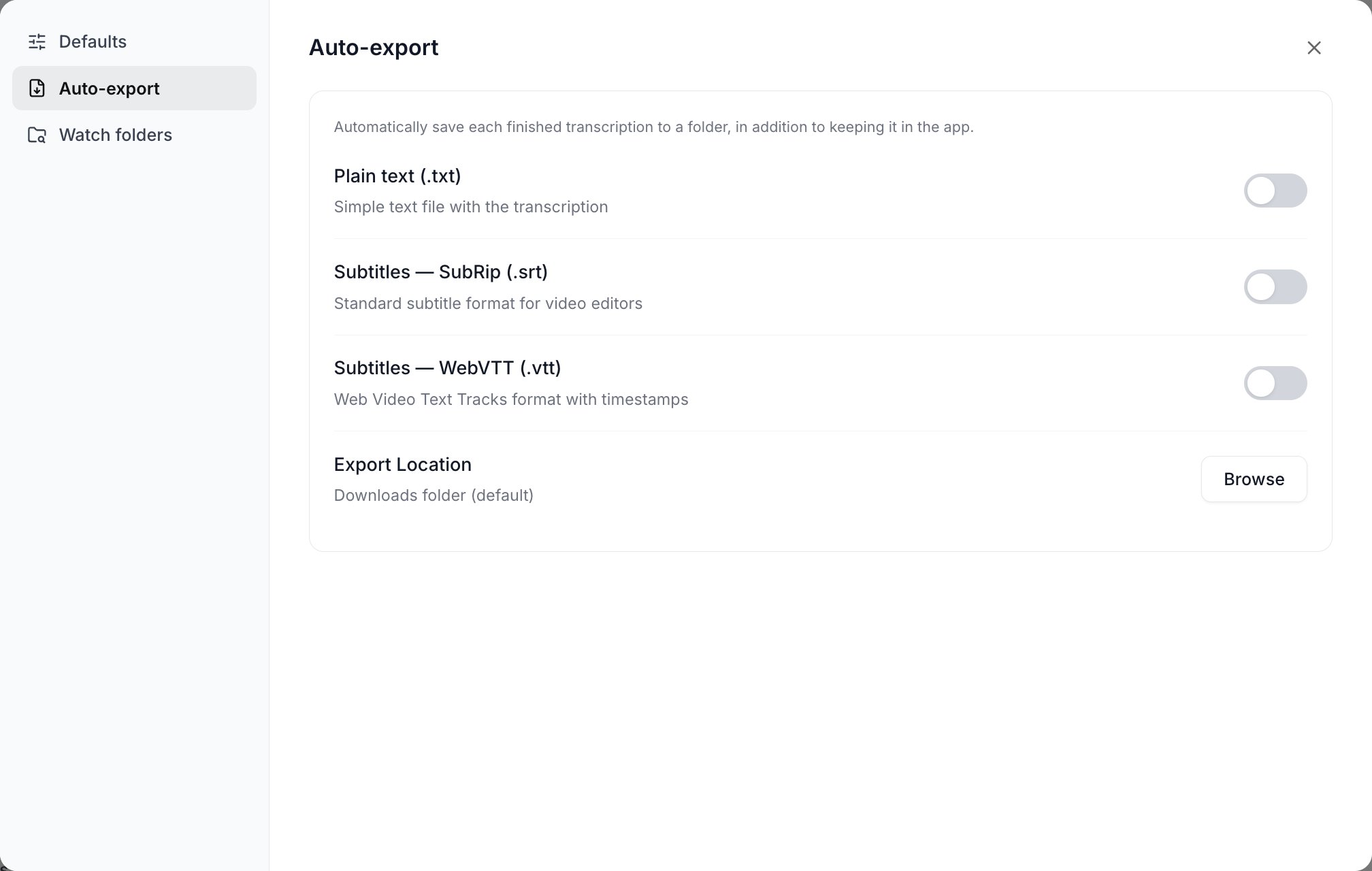 The Transcribe settings modal on the Auto-export tab with toggles for Plain text, SubRip and WebVTT, and an Export Location row