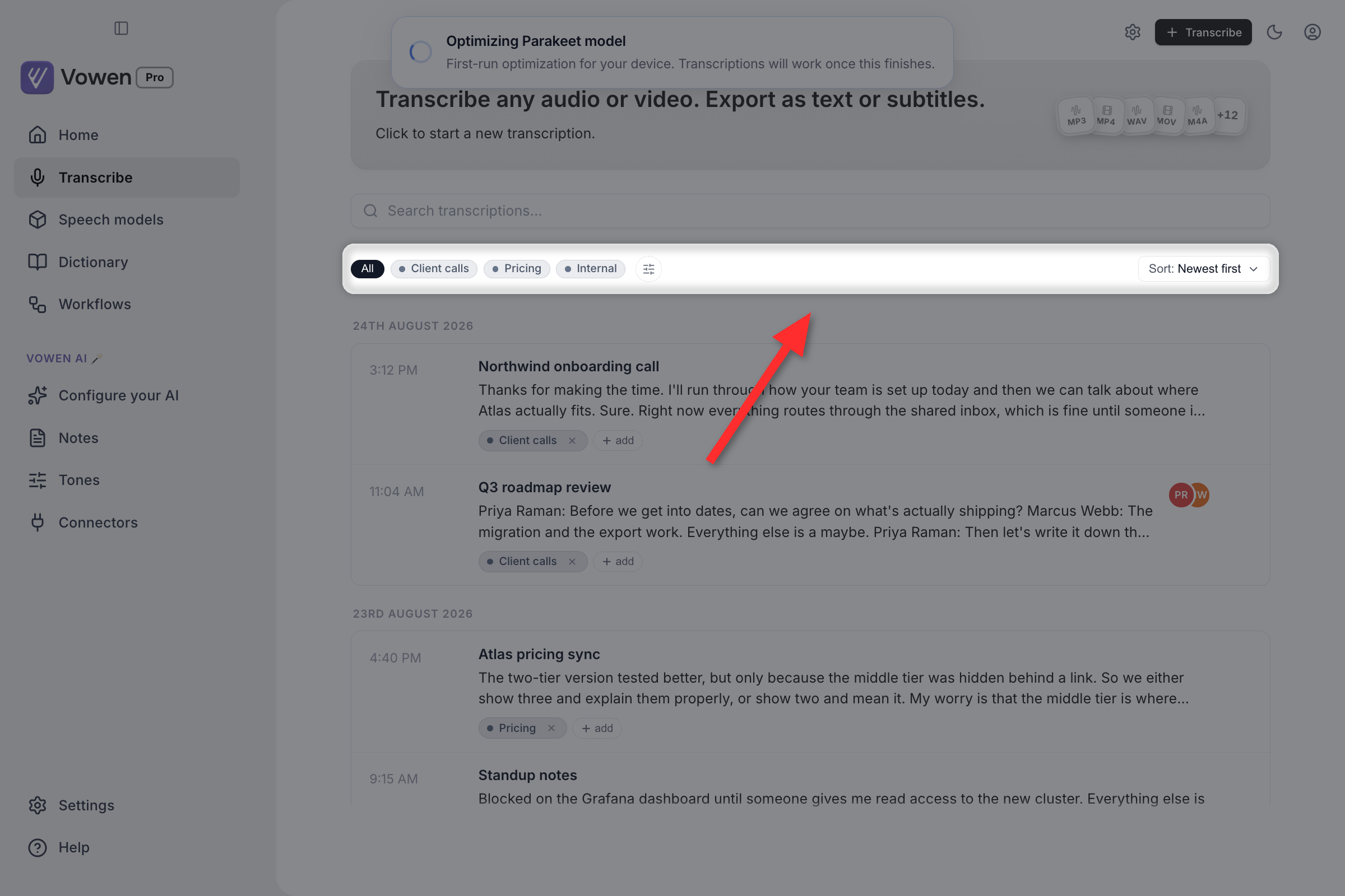 The Transcribe page tag filter bar with tag chips on the left and a sort dropdown on the right