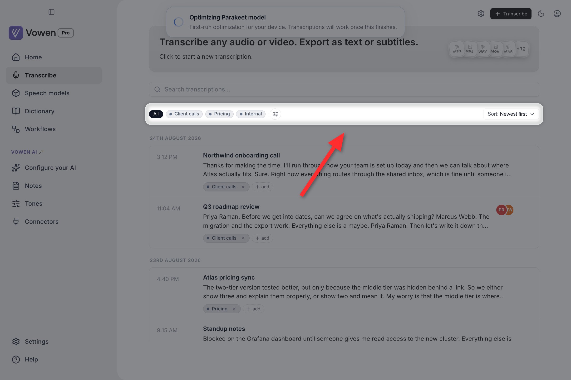 The Transcribe page tag filter bar with tag chips on the left and a sort dropdown on the right