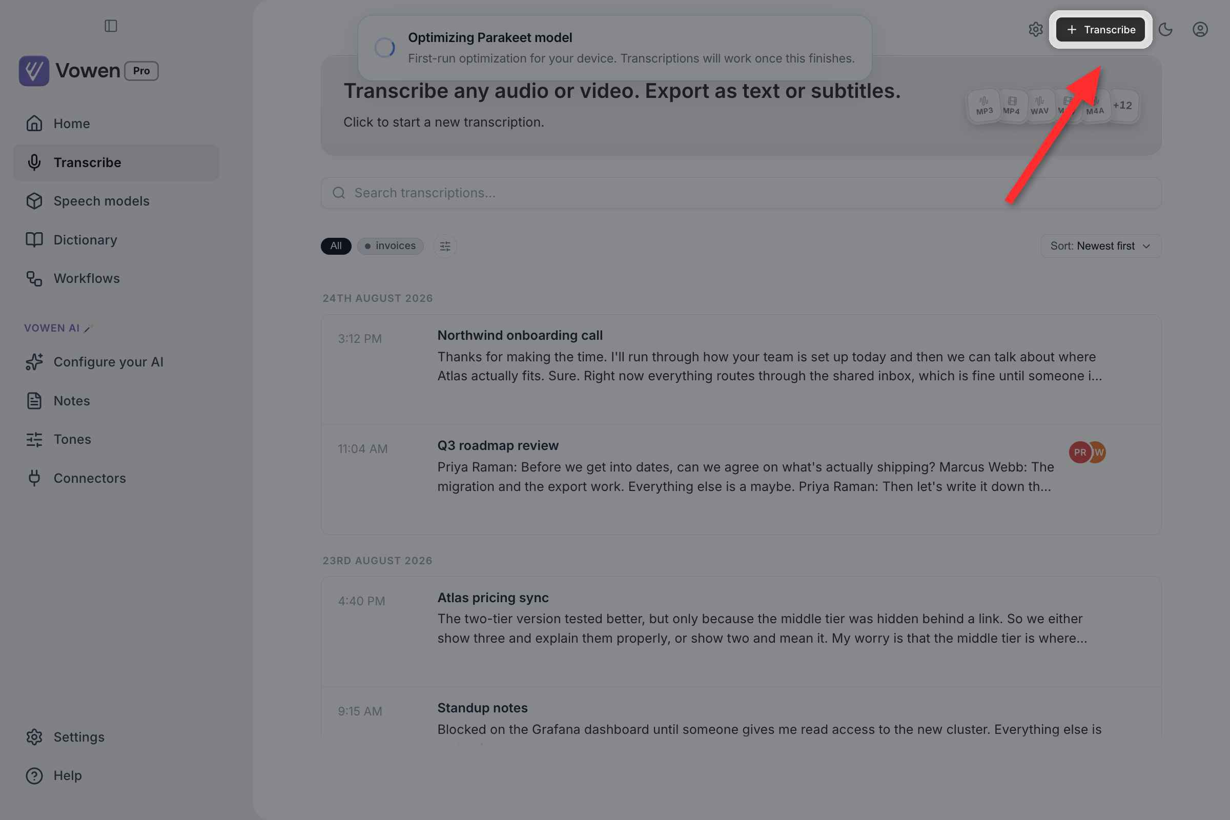Vowen's Transcribe page with the Transcribe button highlighted in the top right of the toolbar