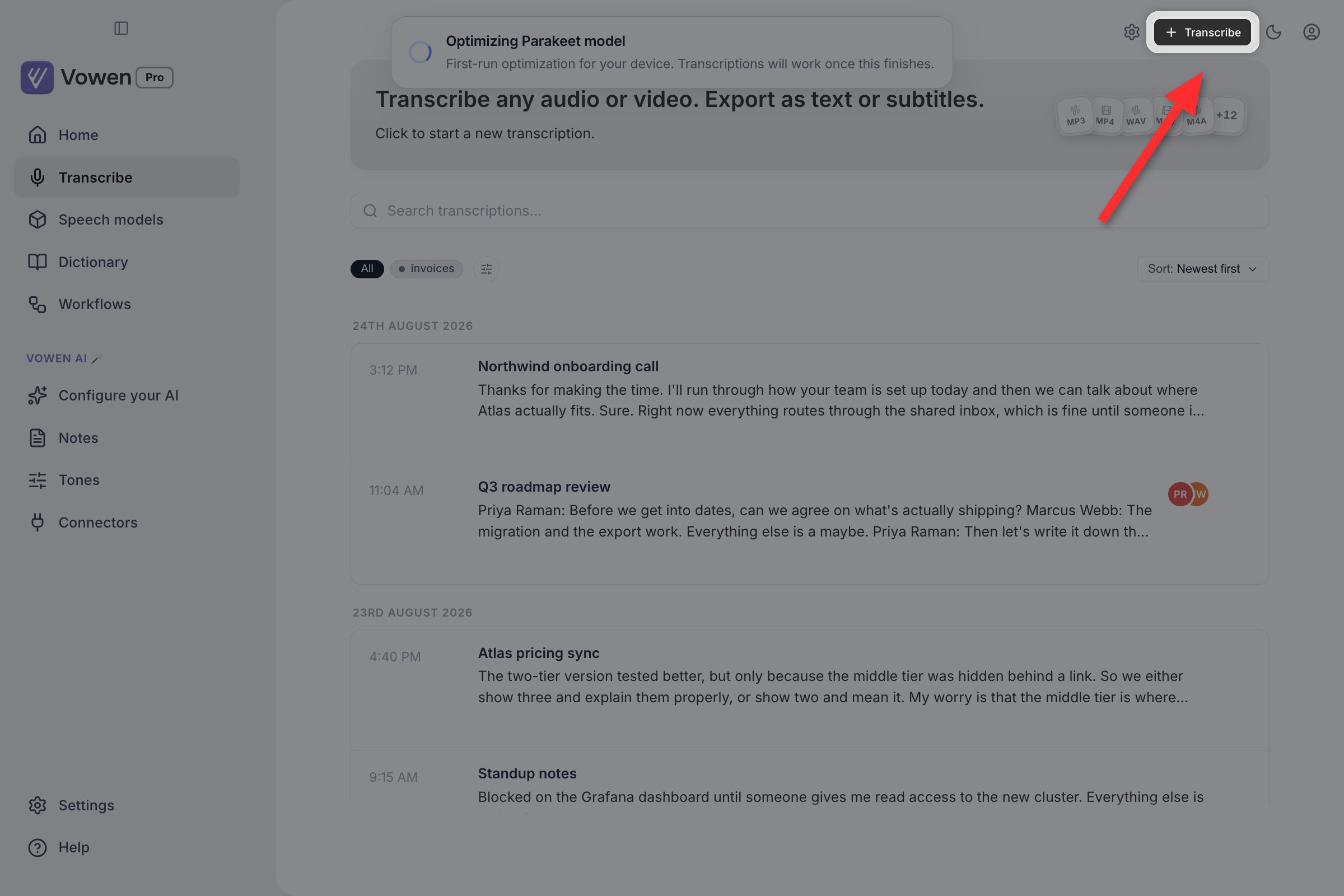 Vowen's Transcribe page with the Transcribe button highlighted in the top right of the toolbar