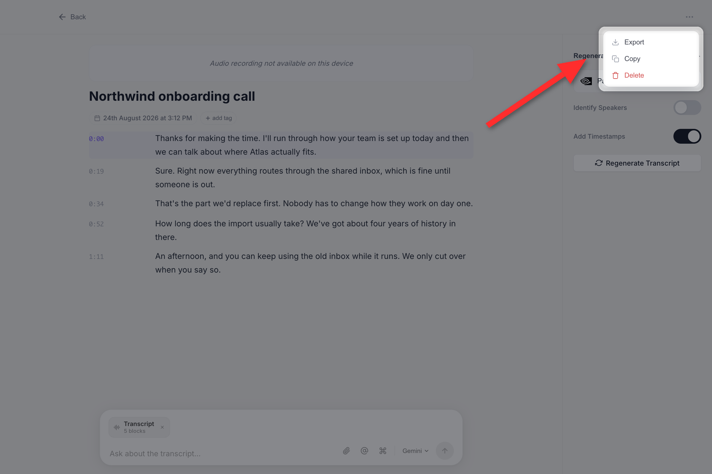 The more menu on a transcription detail page, listing Export, Copy and Delete