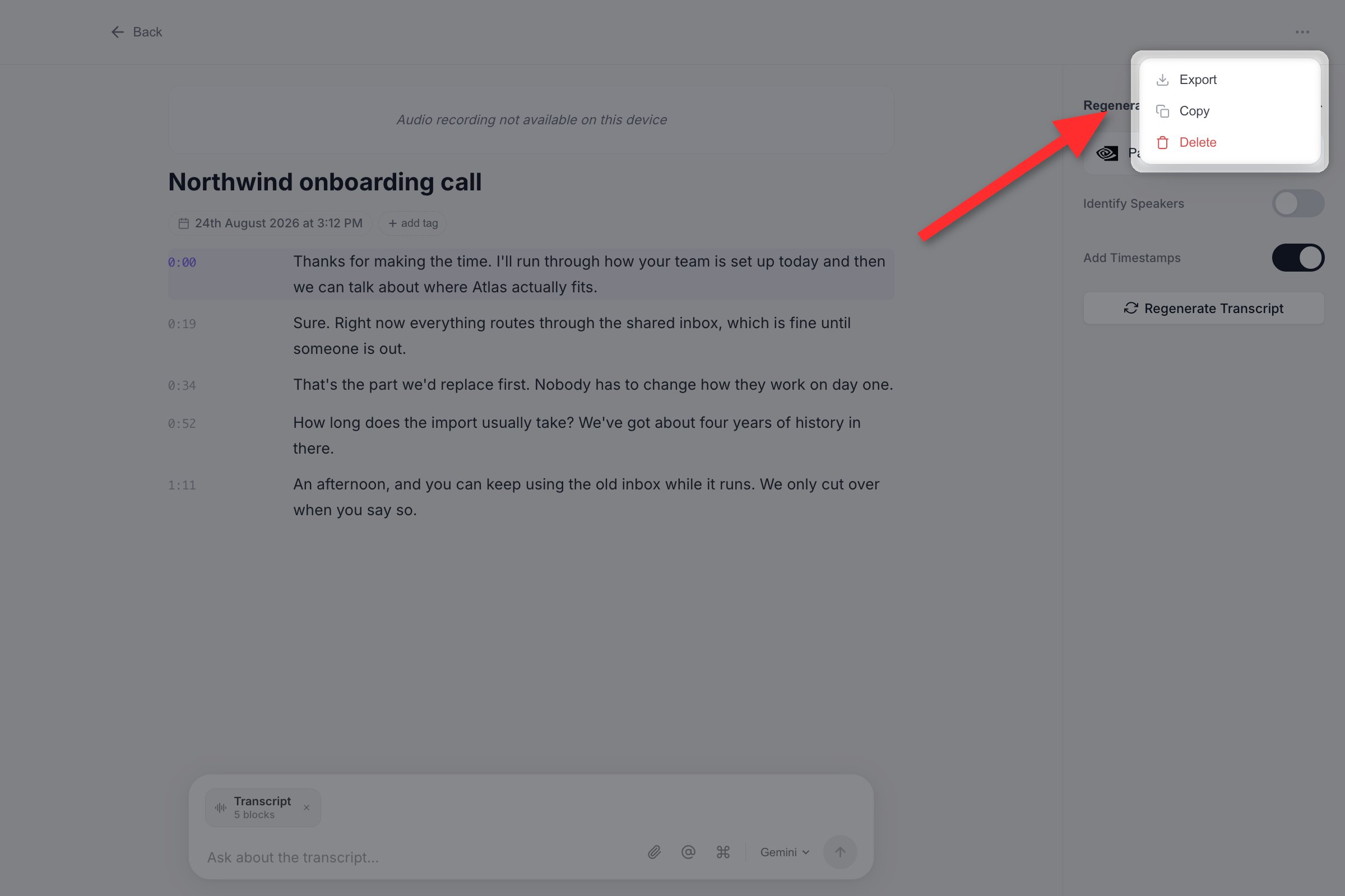 The more menu on a transcription detail page, listing Export, Copy and Delete