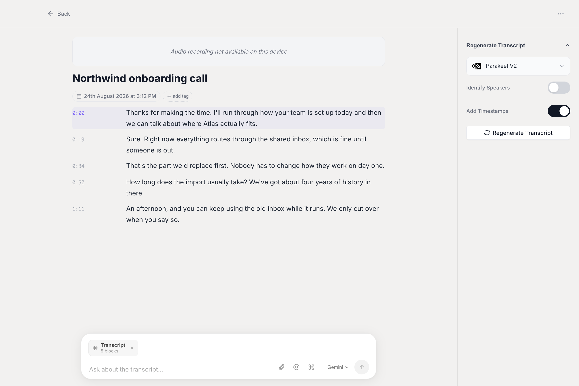 A transcription detail page showing timestamped transcript text, a Regenerate Transcript panel with a model picker, and an Ask about the transcript input