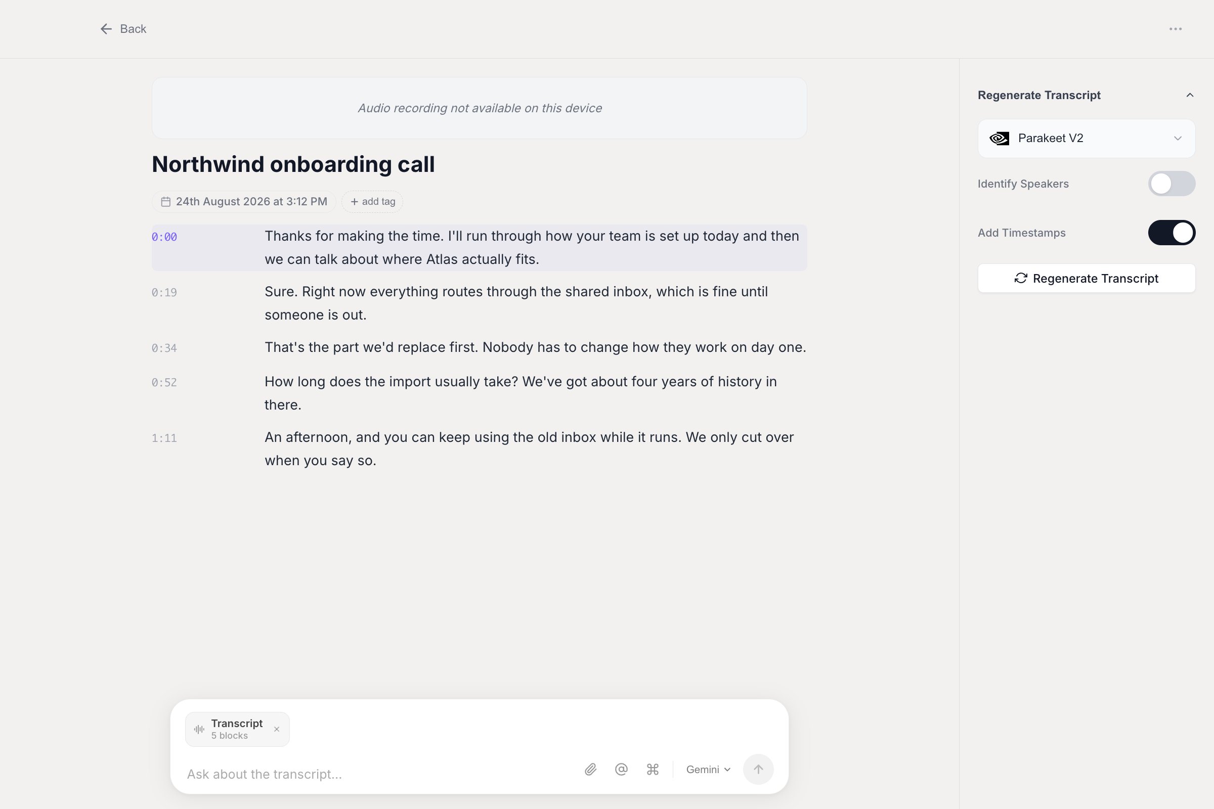 A transcription detail page showing timestamped transcript text, a Regenerate Transcript panel with a model picker, and an Ask about the transcript input