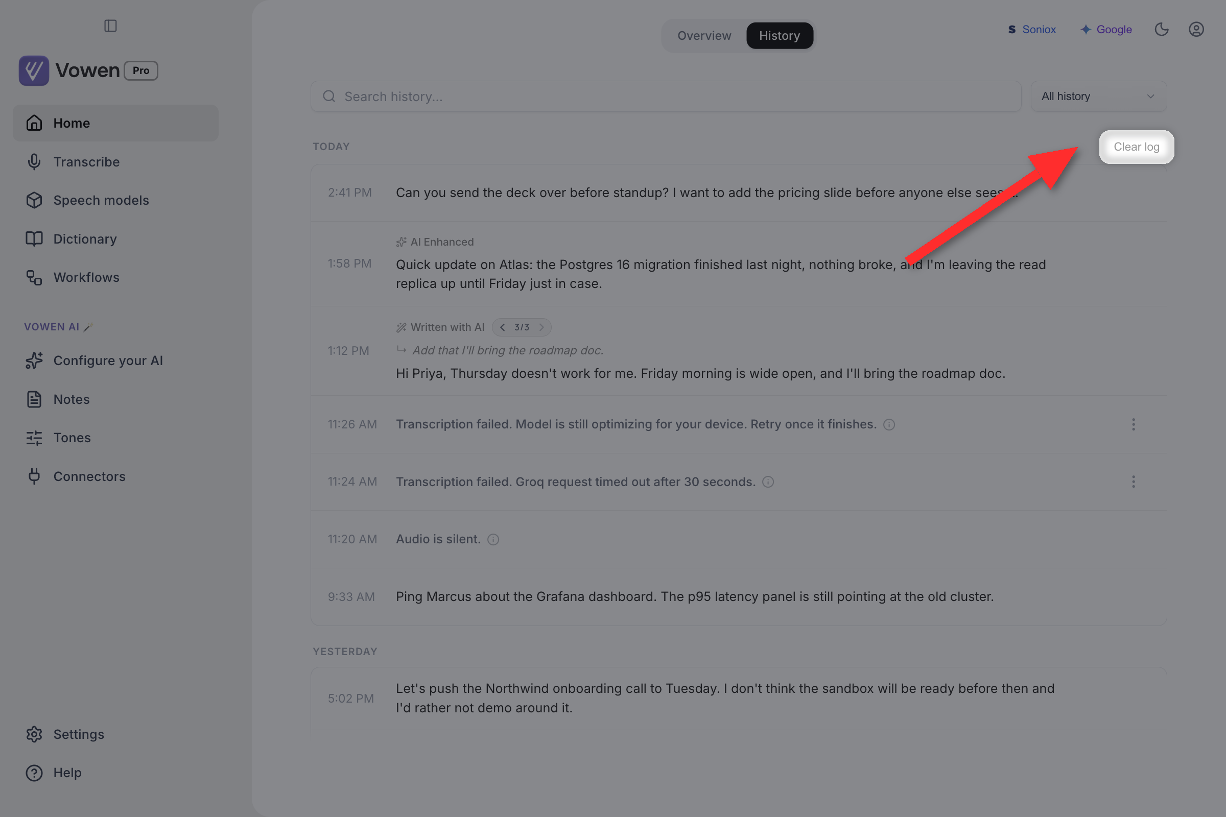 The Today date header in the Voice Log with a Clear log action at its right end