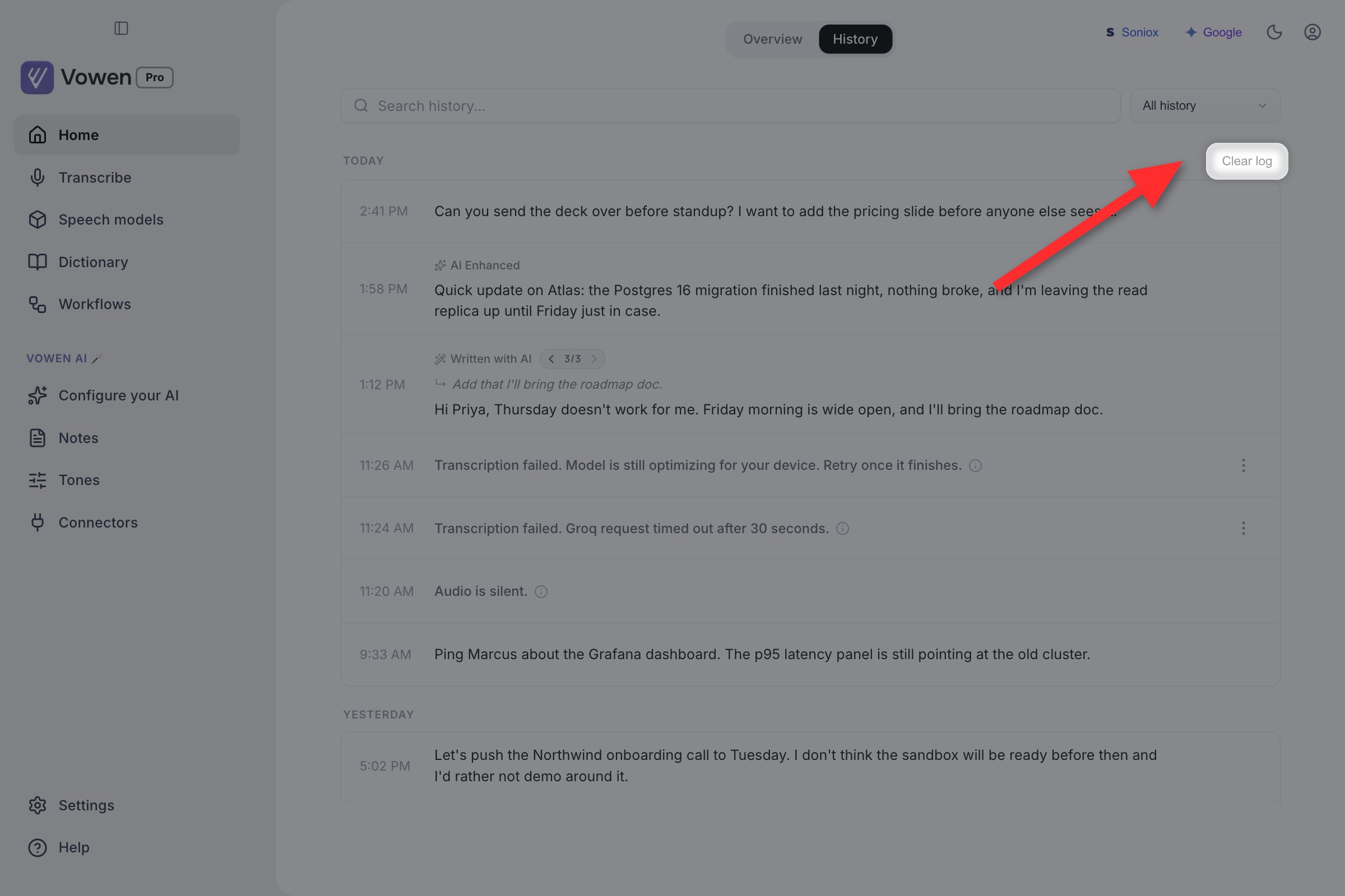 The Today date header in the Voice Log with a Clear log action at its right end