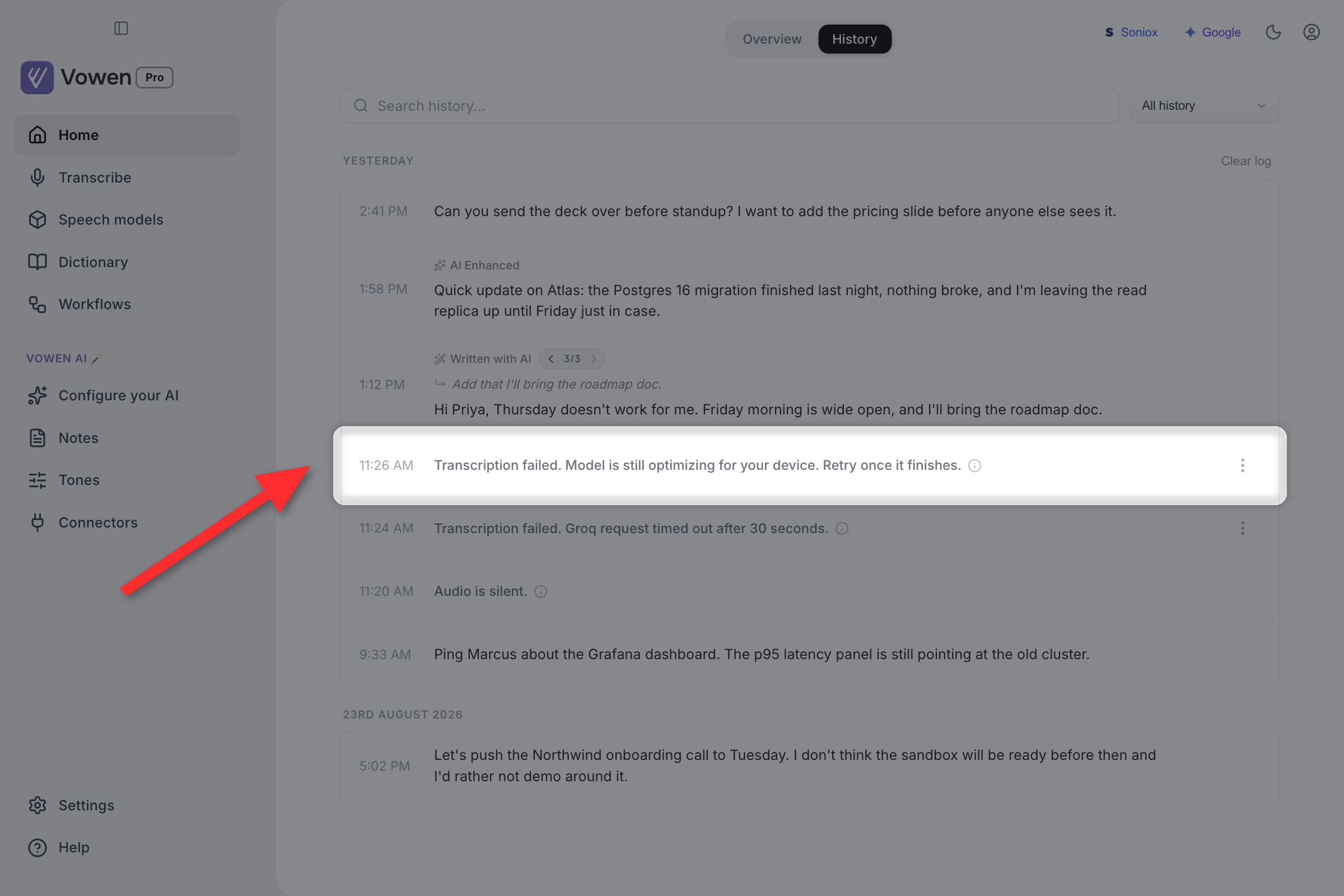 Voice Log rows reading Audio is silent and Transcription failed, each with an explanatory message