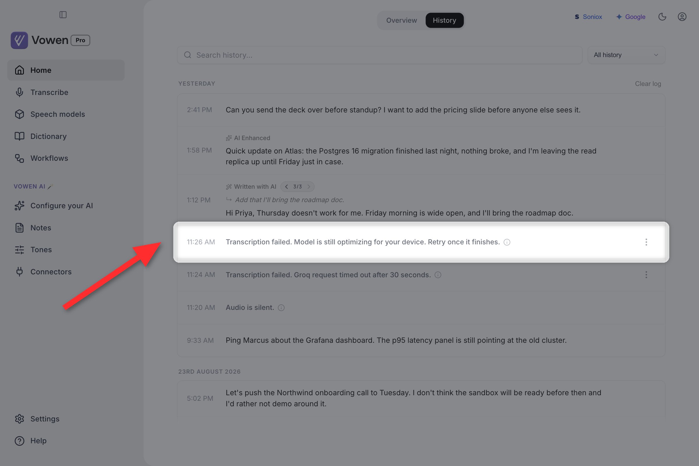 Voice Log rows reading Audio is silent and Transcription failed, each with an explanatory message