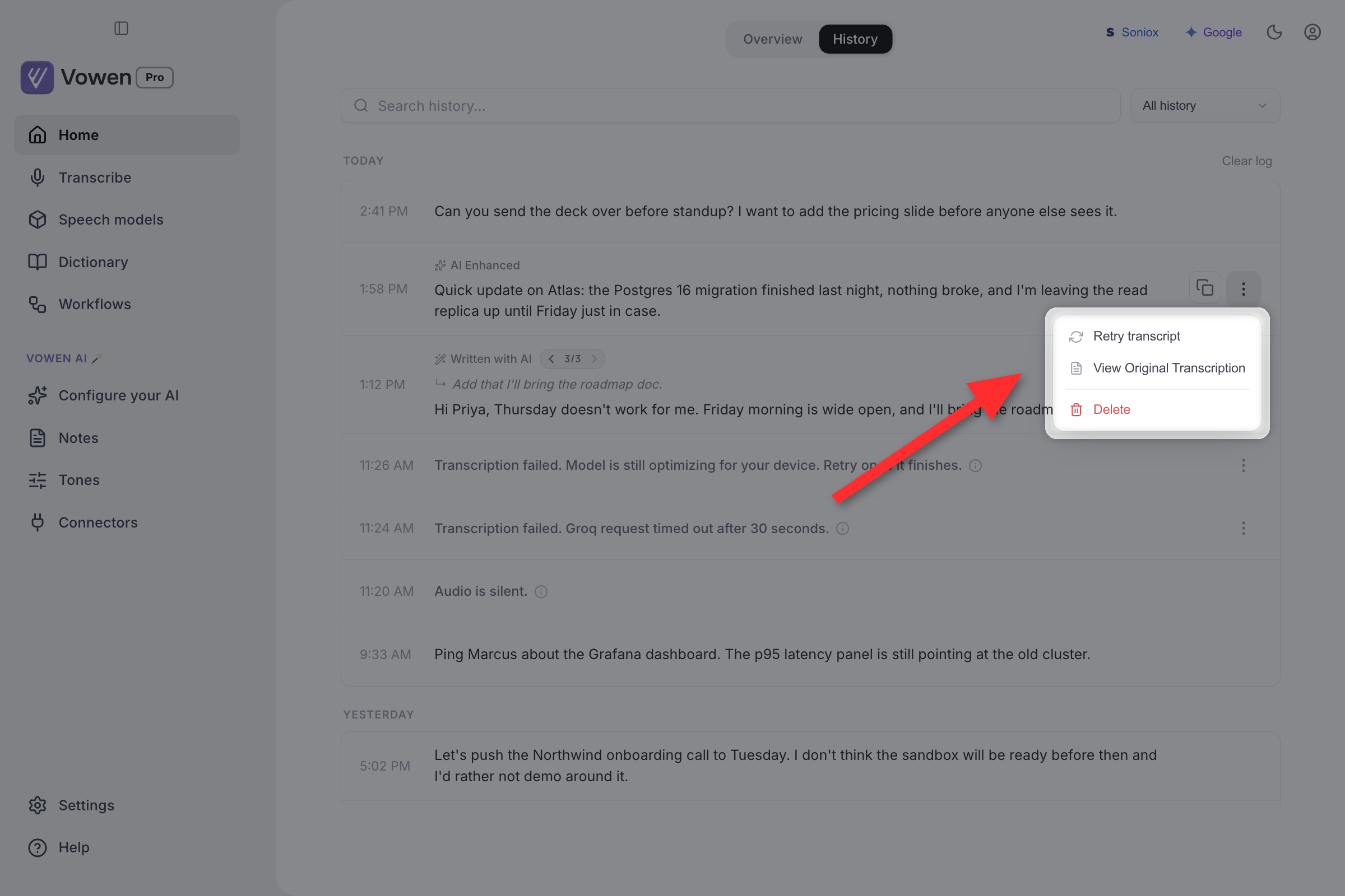 An open per-entry menu in the Voice Log listing Retry transcript, Show original and Delete