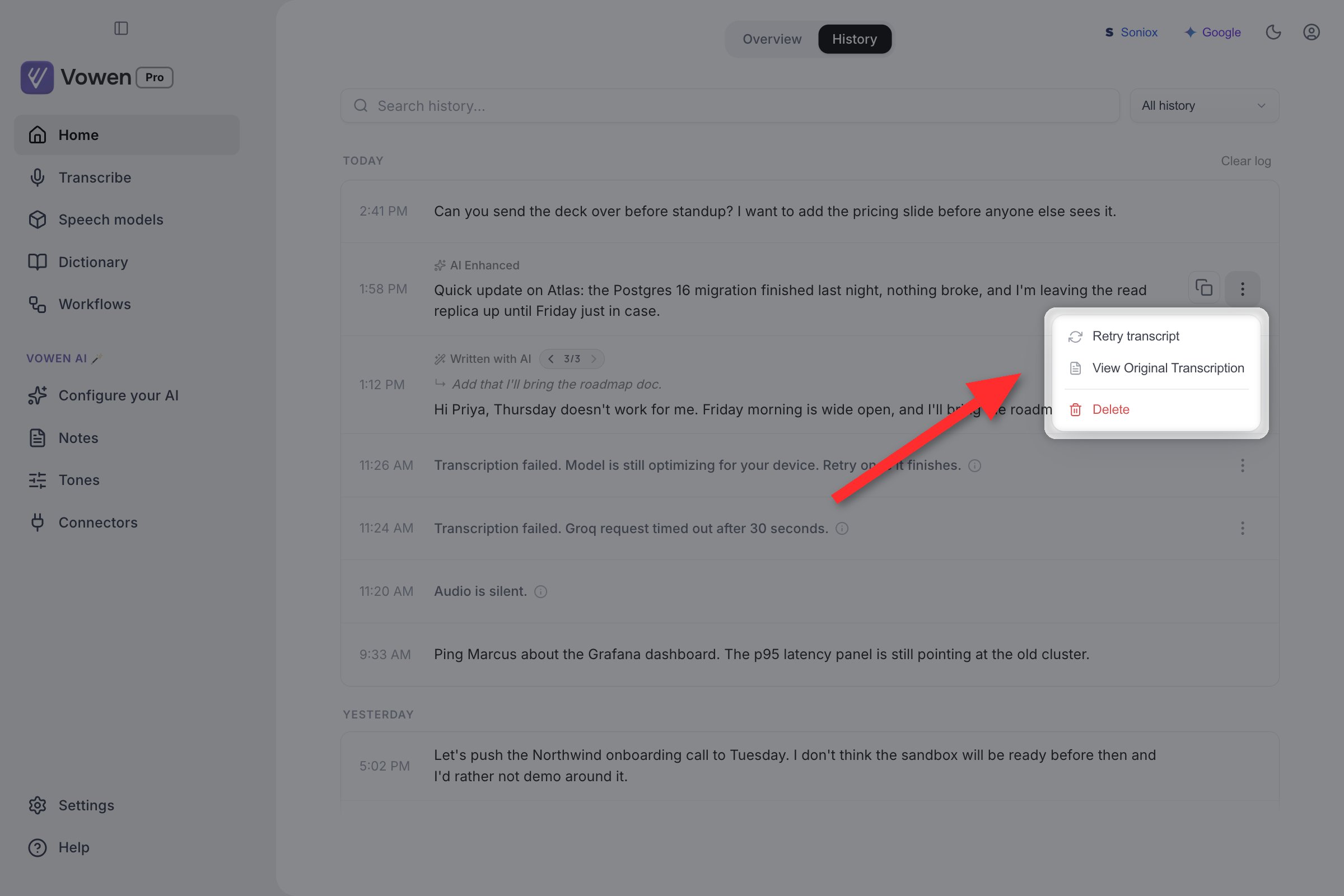 An open per-entry menu in the Voice Log listing Retry transcript, Show original and Delete