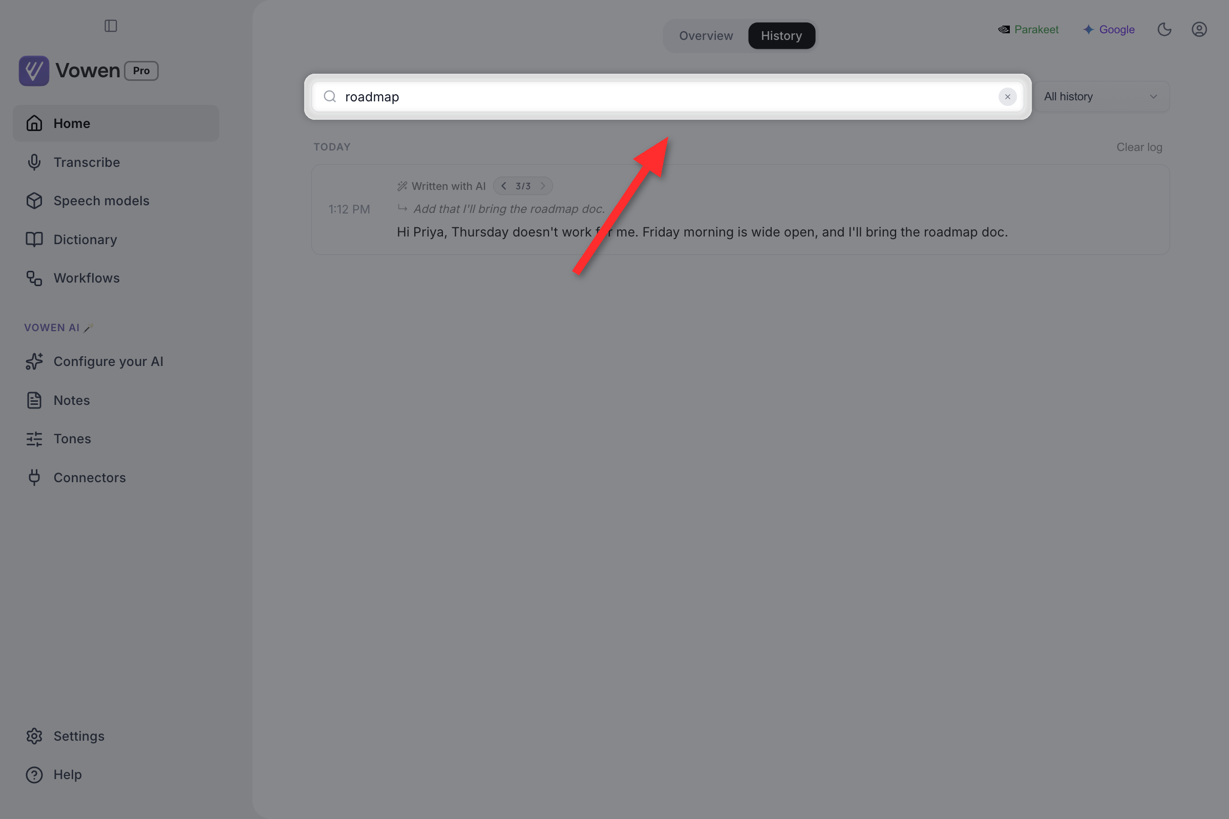 Vowen Home window on the History tab, with a search query typed into the search box and one matching entry below