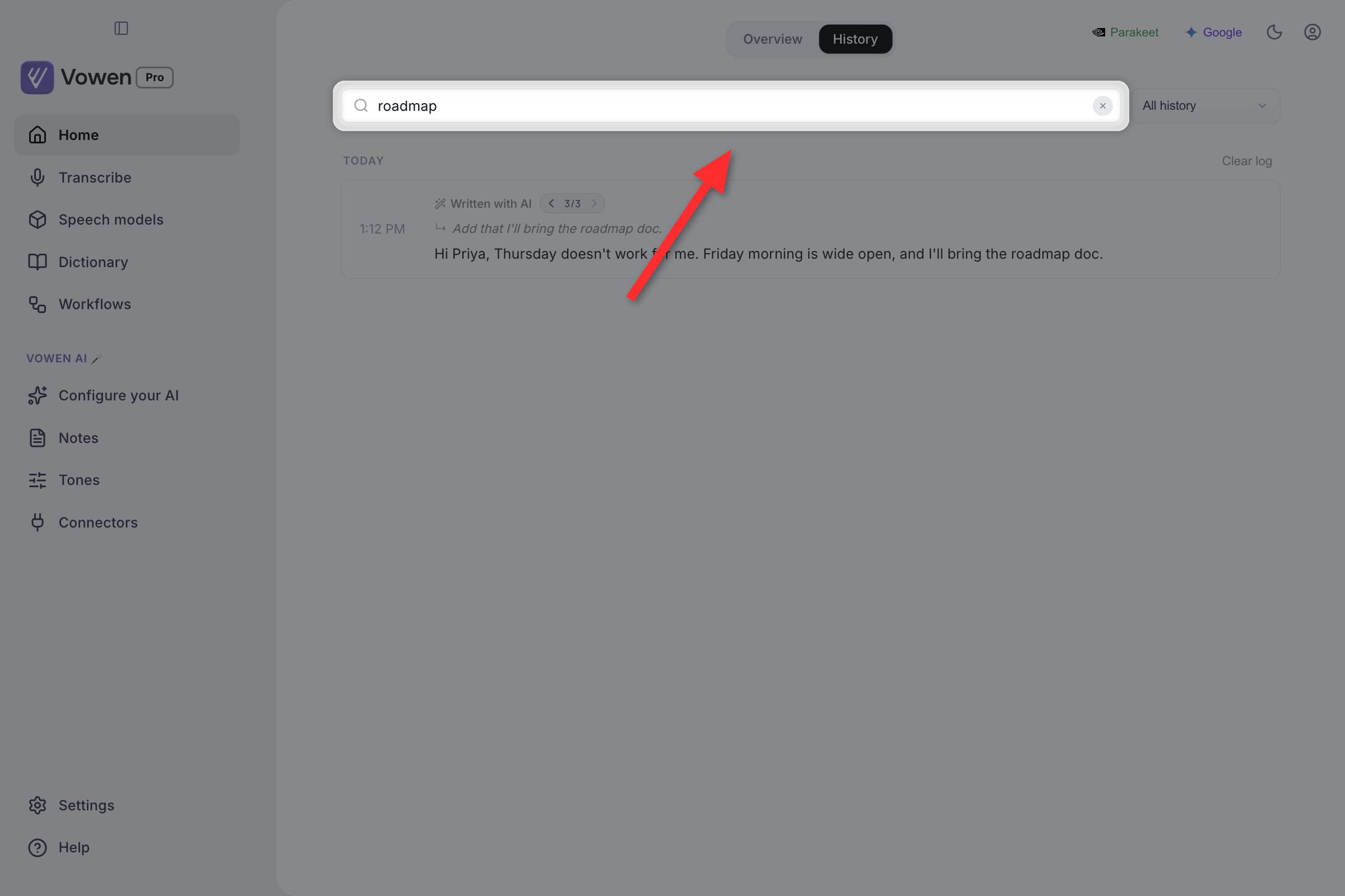 Vowen Home window on the History tab, with a search query typed into the search box and one matching entry below