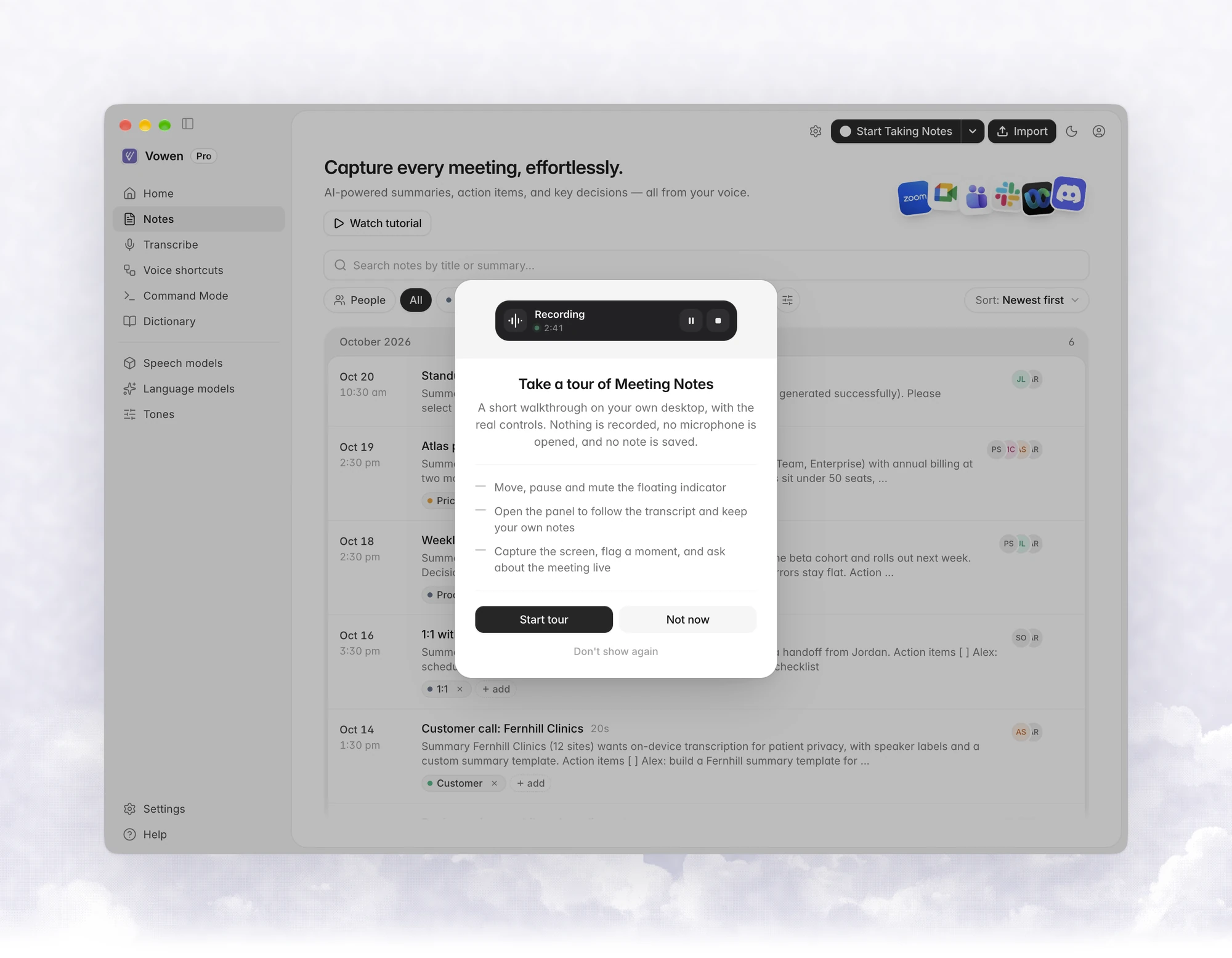 The Take a tour of Meeting Notes prompt with Start tour, Not now and Don't show again