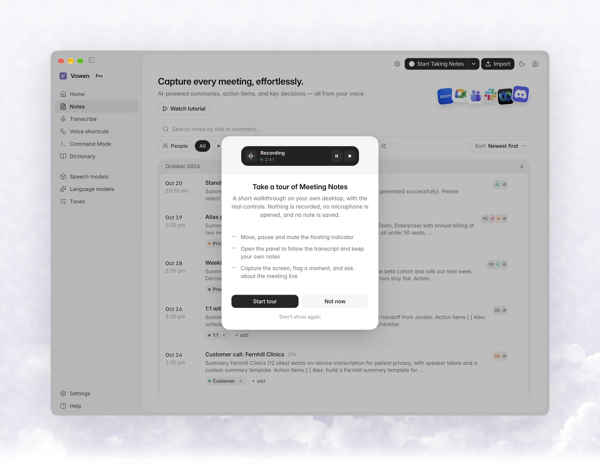 The Take a tour of Meeting Notes prompt with Start tour, Not now and Don't show again