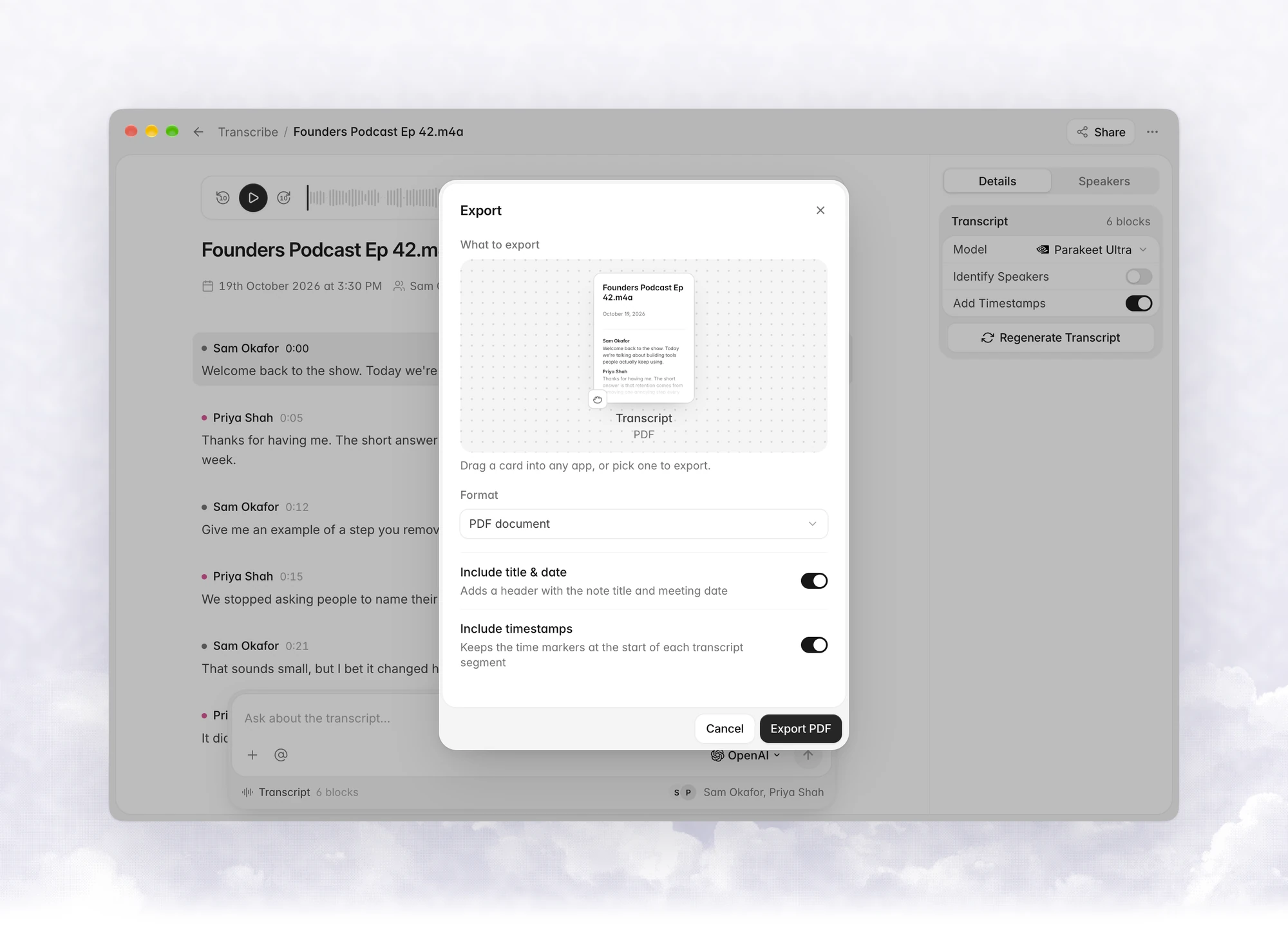 The Export sheet for a transcription with a Transcript card, Format set to PDF document, and the Include title & date and Include timestamps options