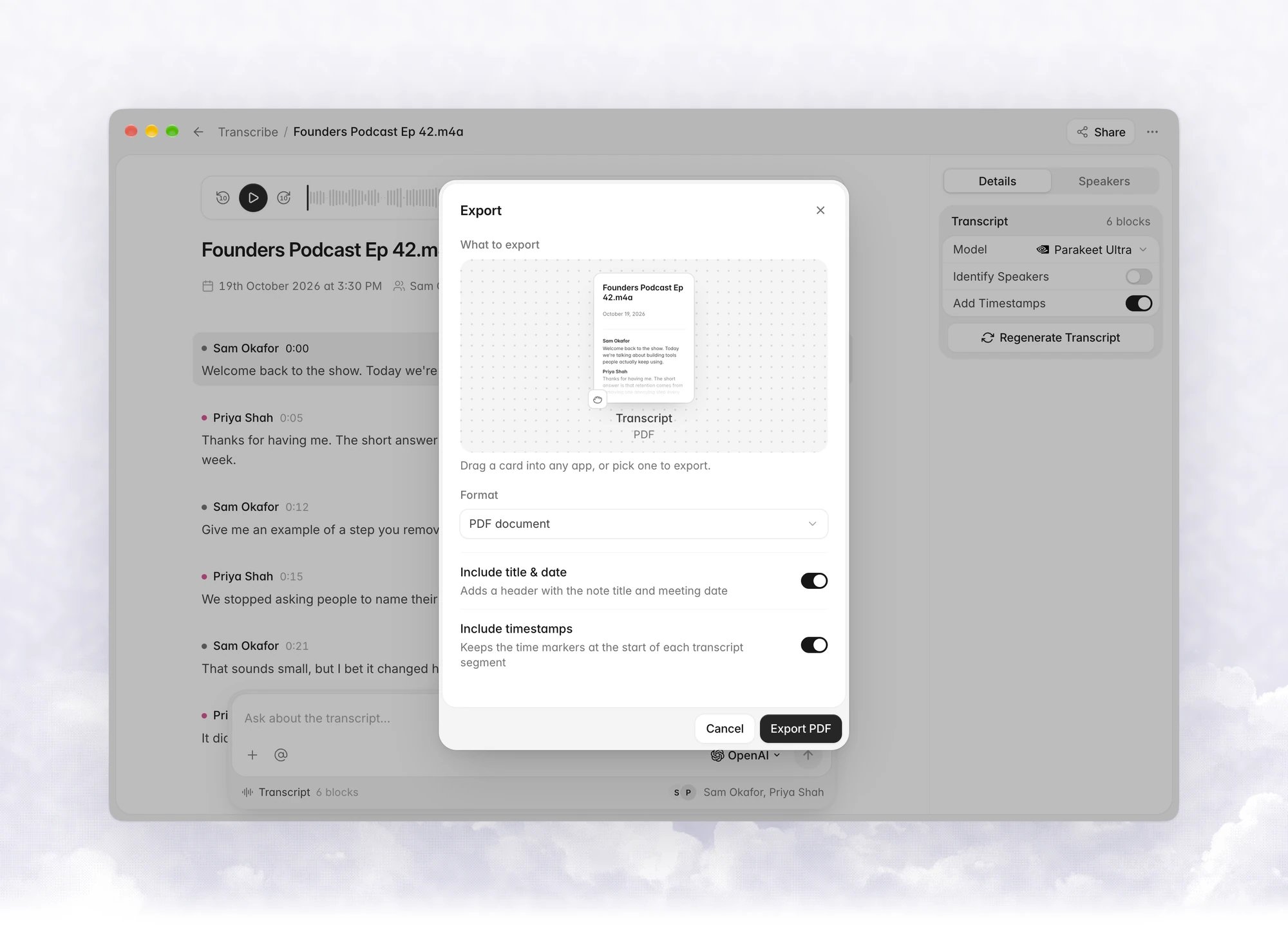 The Export sheet for a transcription with a Transcript card, Format set to PDF document, and the Include title & date and Include timestamps options