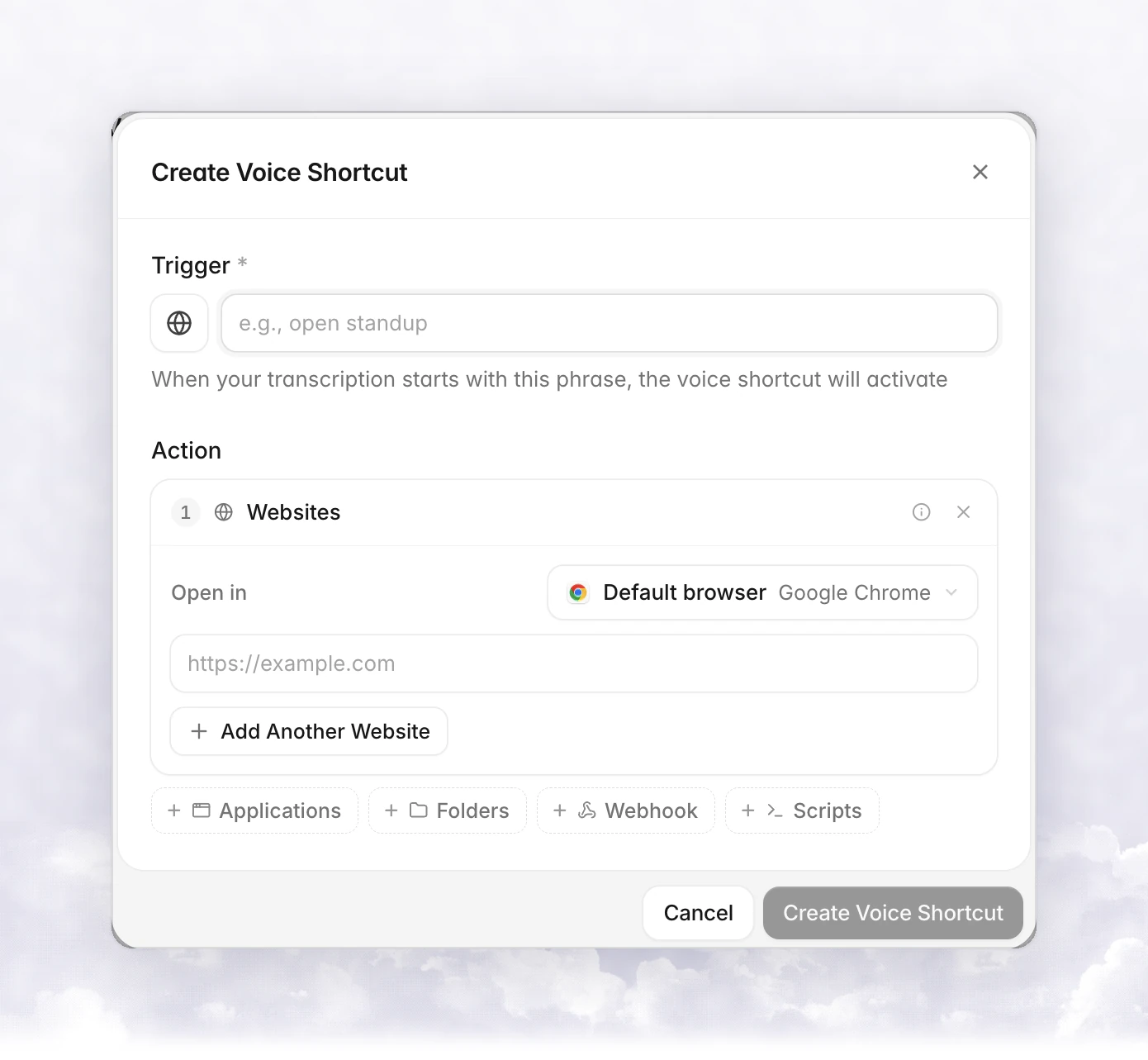Create Voice Shortcut dialog with a Trigger field, a Websites action, an Open in browser menu and chips for Applications, Folders, Webhook and Scripts