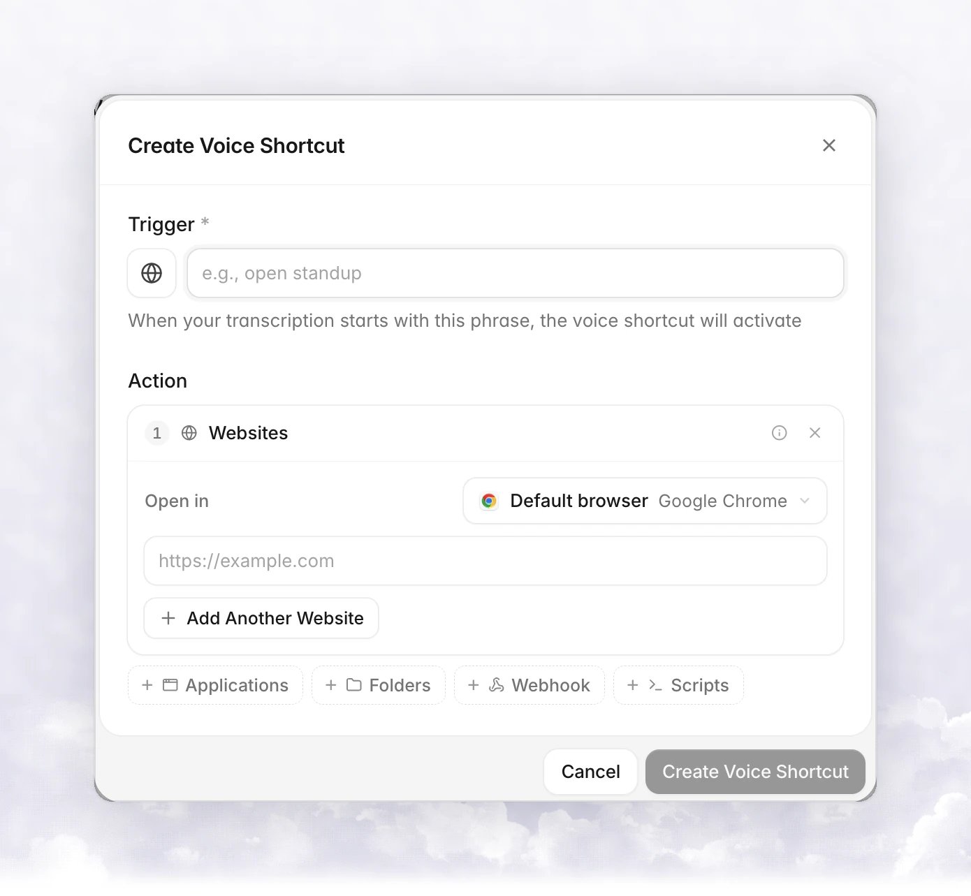 Create Voice Shortcut dialog with a Trigger field, a Websites action, an Open in browser menu and chips for Applications, Folders, Webhook and Scripts