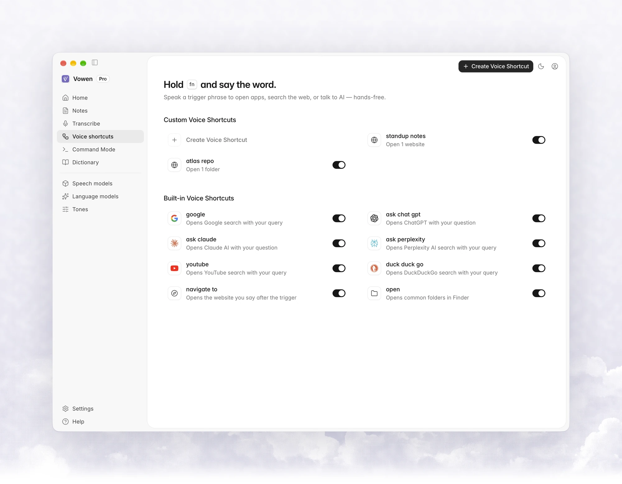 Voice shortcuts page with custom voice shortcuts above the built-in ones
