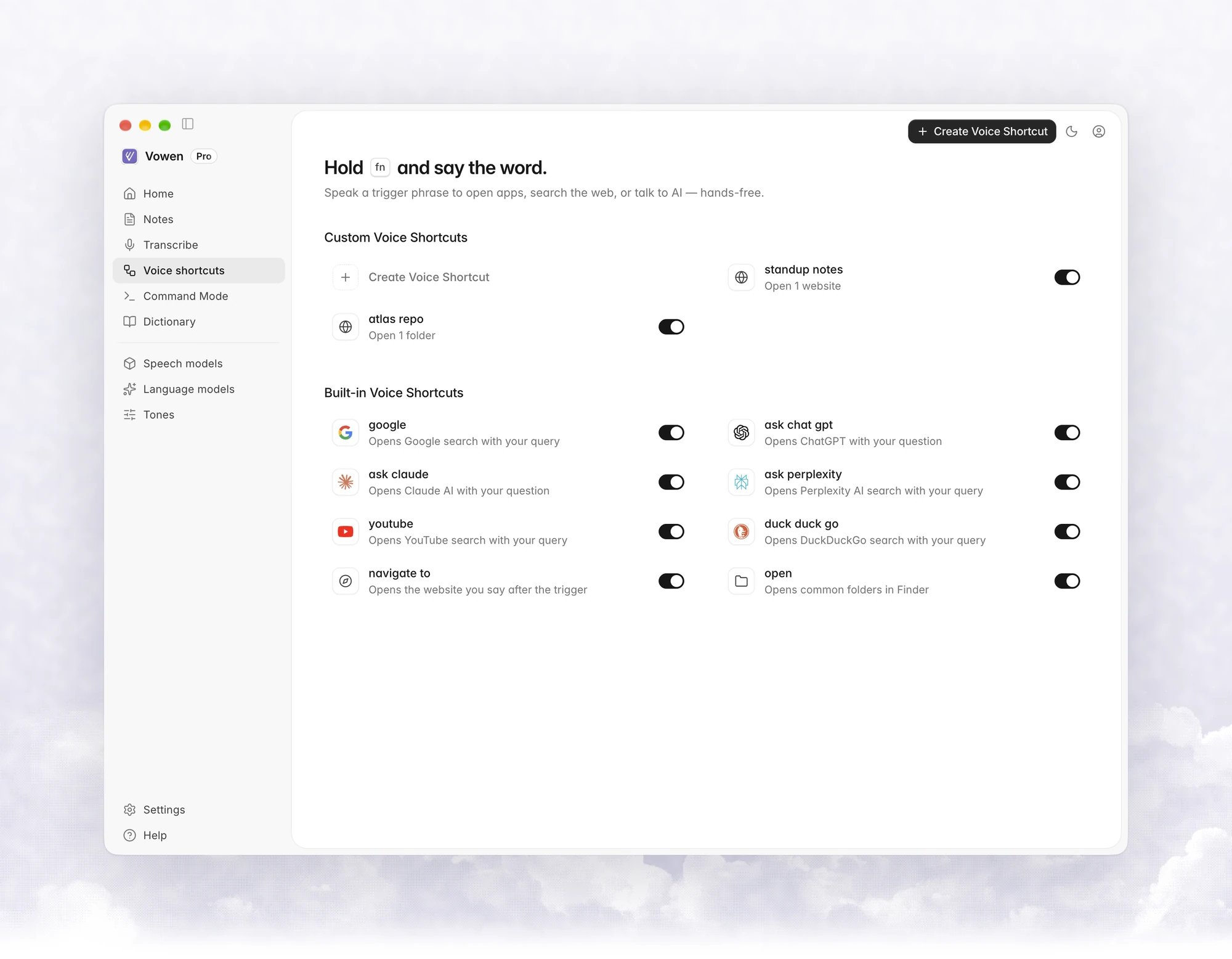 Voice shortcuts page with custom voice shortcuts above the built-in ones