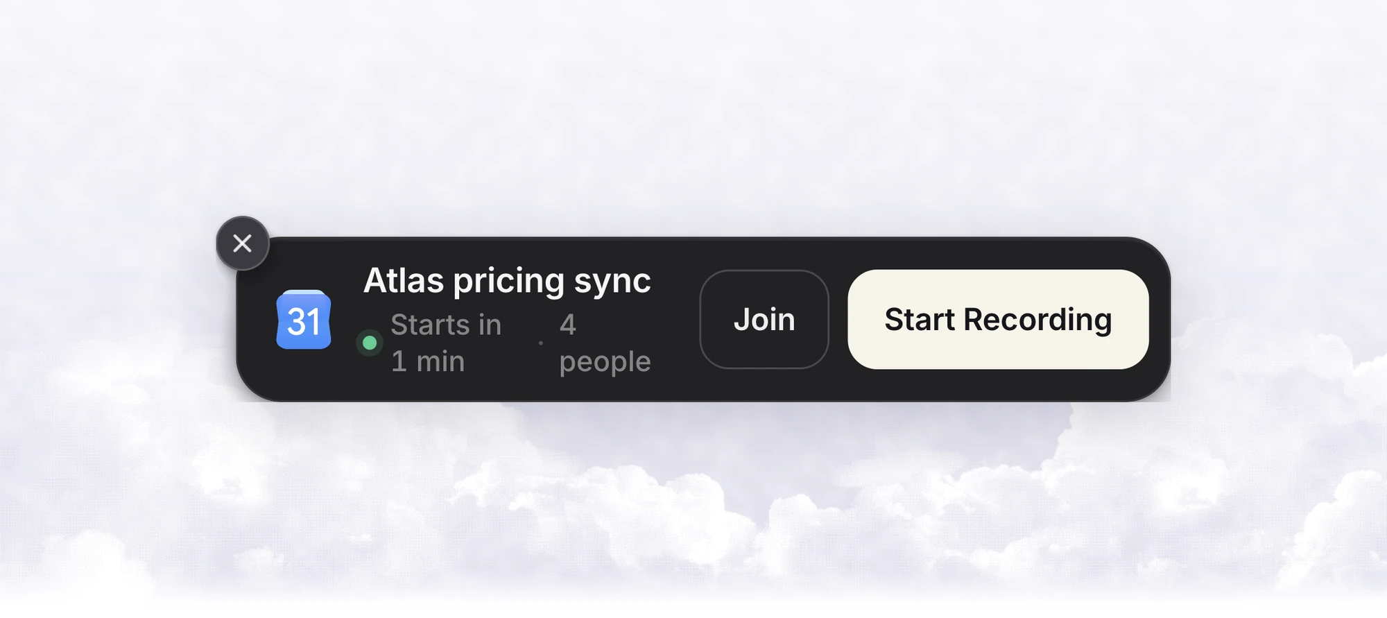 A calendar meeting banner with the event title, the start time, the number of people, Join and Start Recording
