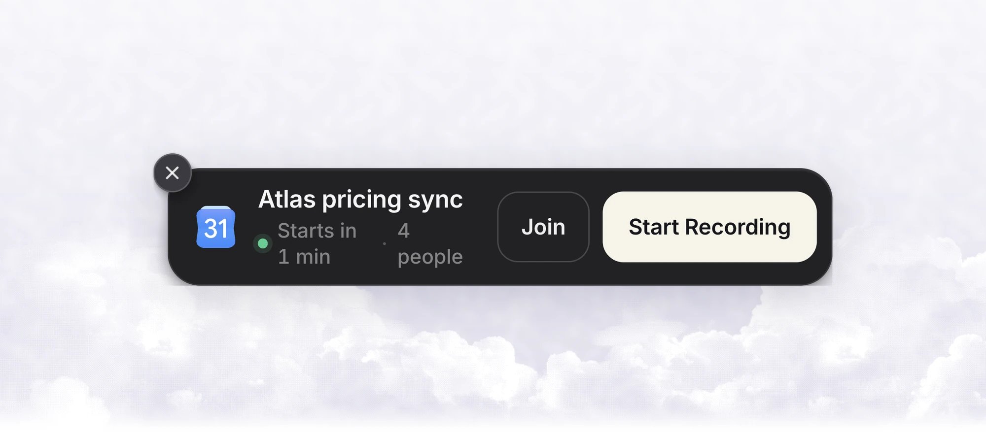 A calendar meeting banner with the event title, the start time, the number of people, Join and Start Recording
